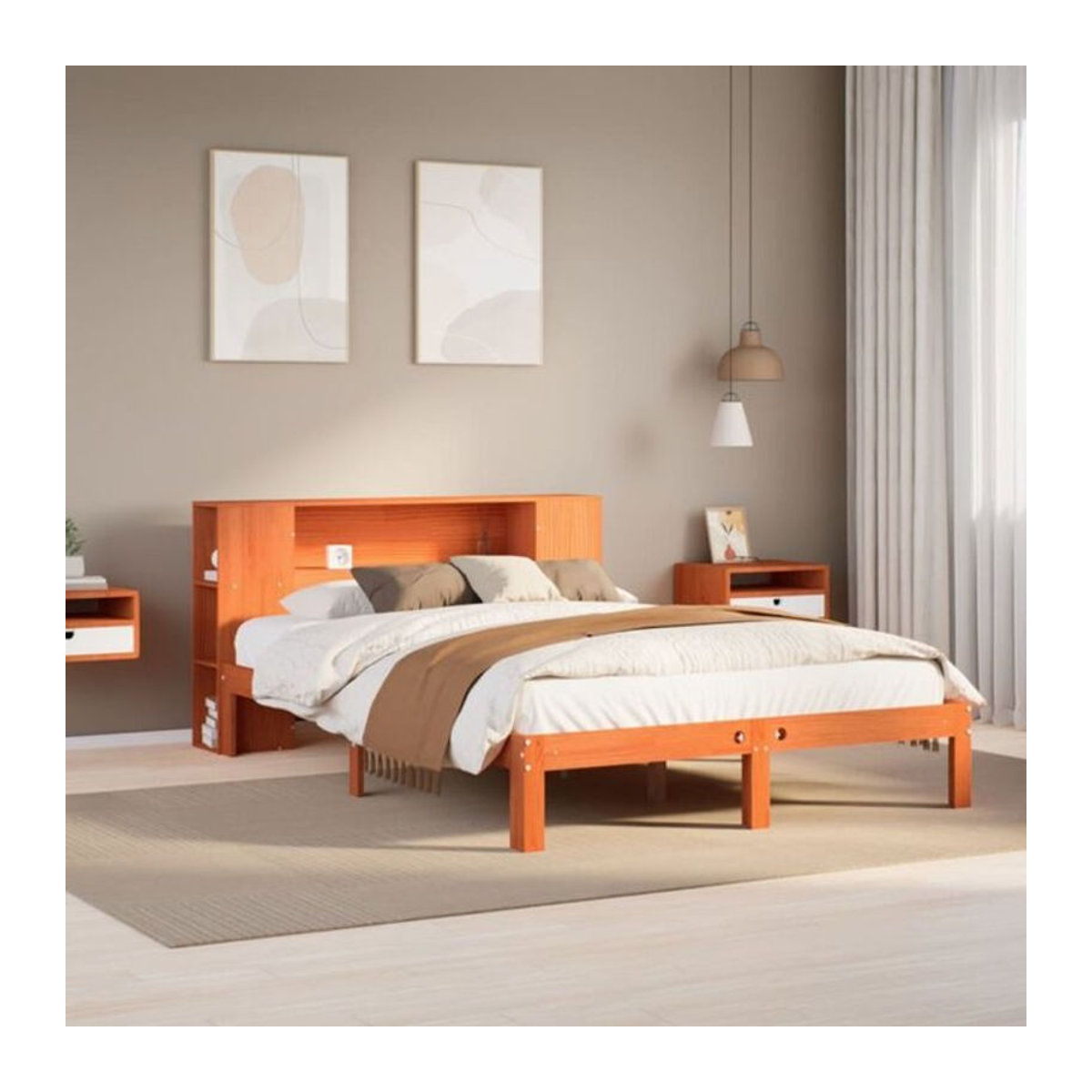 Massivholzbett aus Kiefer mit Regal von Vidaxl in Braun, B/T/H: 140 x 200 x 82 cm - Bild 1