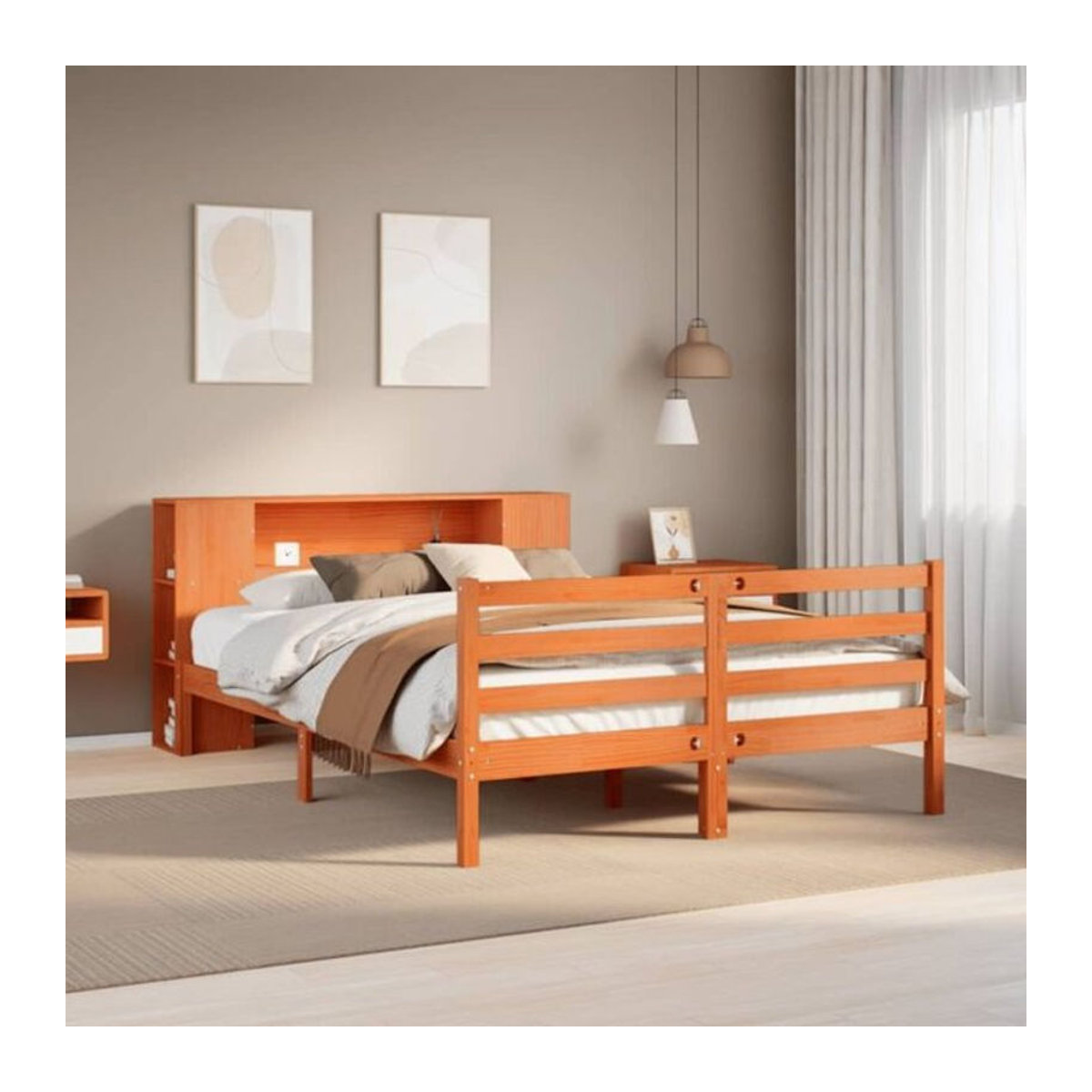 Massivholzbett aus Kiefer mit Regal von Vidaxl in Wachsbraun, B/T/H: 150 x 200 x 82 cm - Bild 1