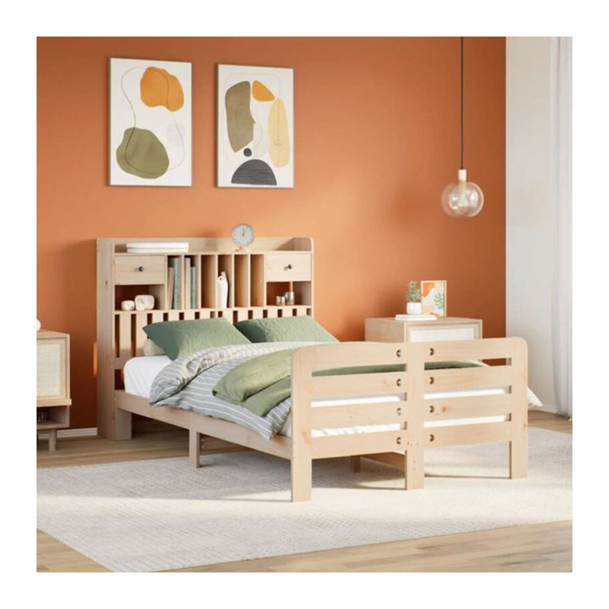 Massivholzbett mit Regal aus Kiefernholz von vidaxl in Braun, Landhaus und Skandinavisch Stil, B/T/H: 135 x 190 cm - Bild 1