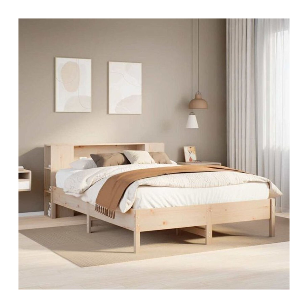 Massivholzbett Vidaxl aus Kiefer mit Regal in Braun, Landhaus und Skandinavisch Stil, B/T: 135 x 190 cm - Bild 1