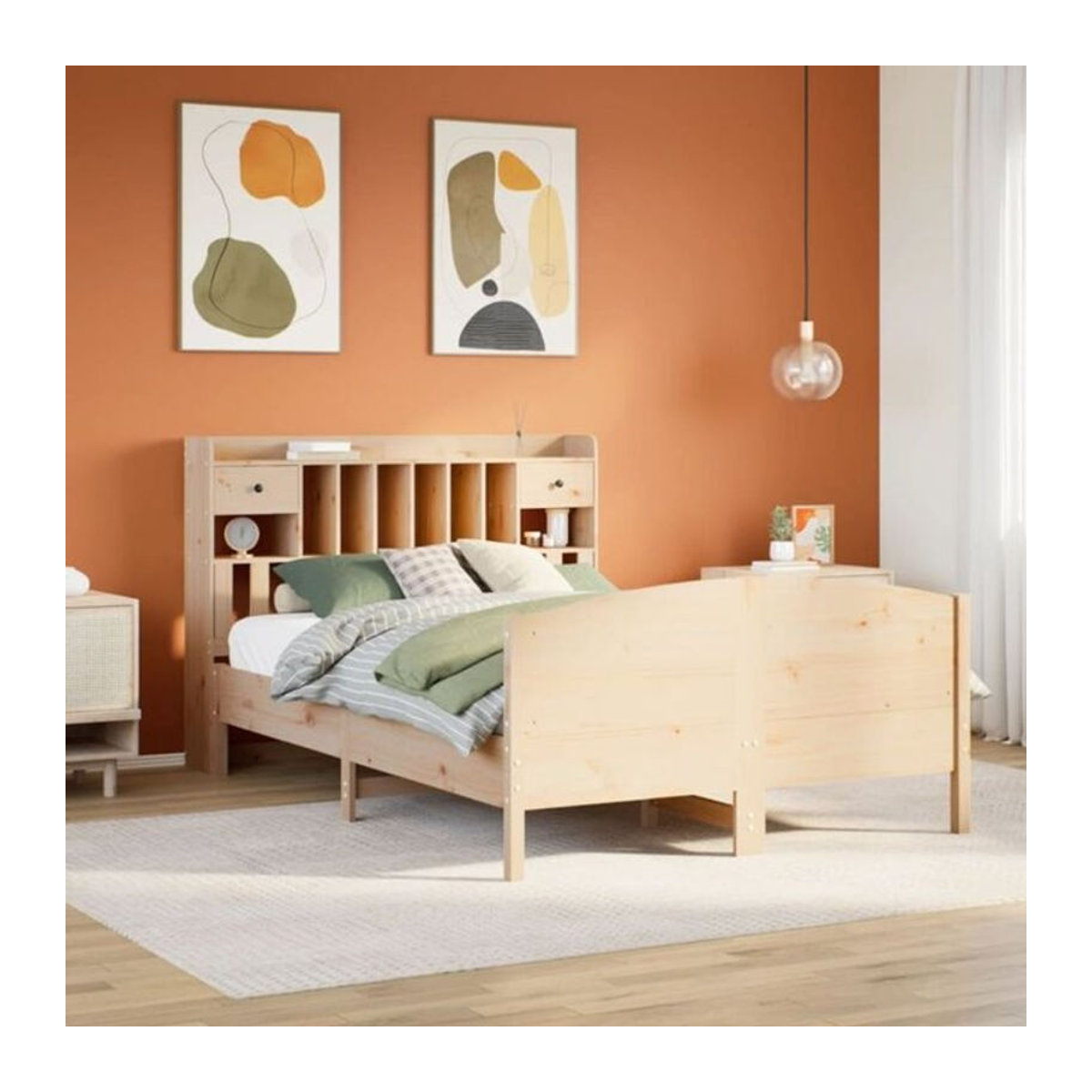 Massivholzbett Vidaxl aus Kiefer mit Regal in Braun und Natur, B/T/H: 140 x 200 cm - Bild 1