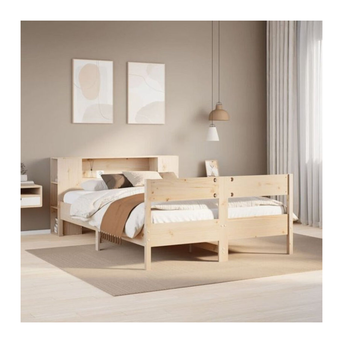 Massivholzbett Vidaxl aus Kiefer mit Regal in Braun und Natur im Landhaus- und Skandinavischen Stil, B/T: 135 x 190 cm - Bild 1