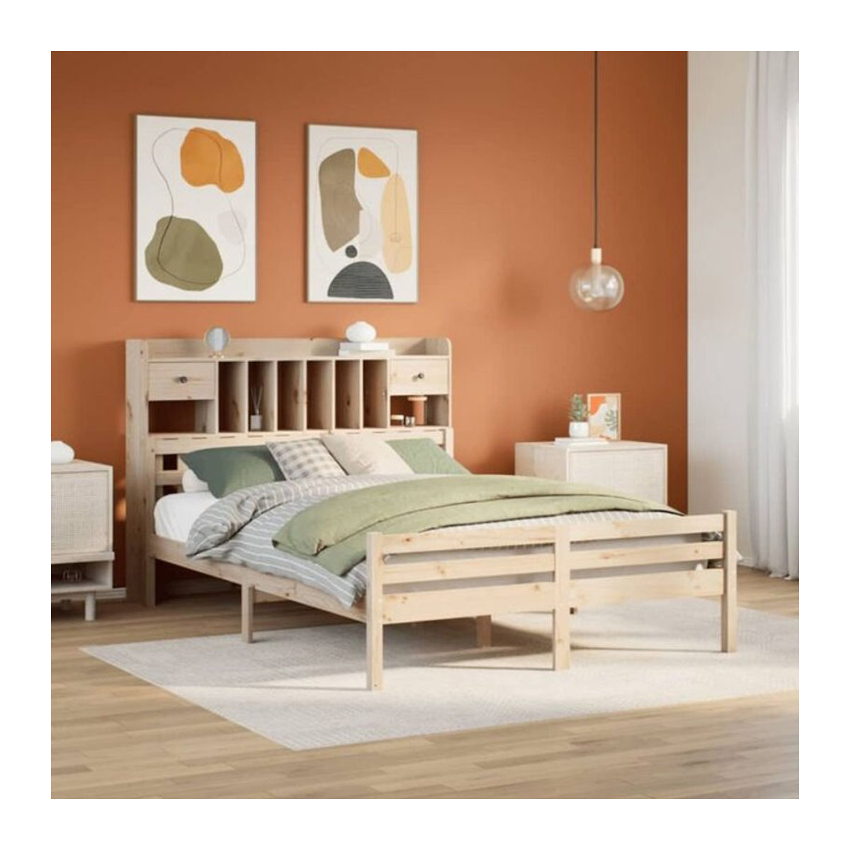 Massivholzbett Vidaxl aus Kiefer mit Regal in Braun und Natur im Landhaus- und Skandinavischen Stil, B/T/H: 140 x 200 cm - Bild 1