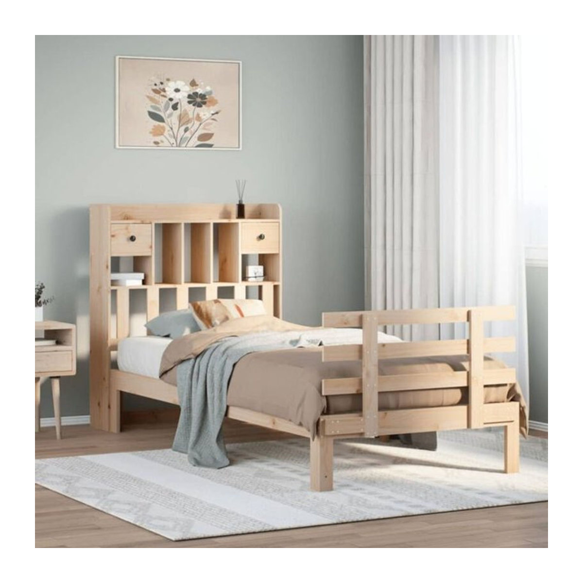 Massivholzbett Vidaxl aus Kiefer mit Regal in Natur Braun, B/T/H: 100 x 200 x 110 cm - Bild 1