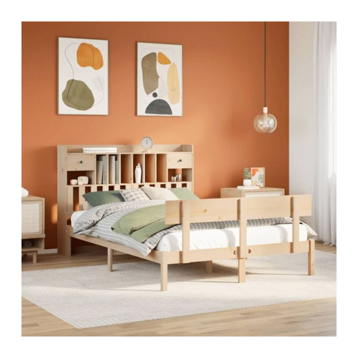Massivholzbett Vidaxl aus Kiefer mit Regal in Natur und Braun, B/T/H: 140 x 200 cm - Bild 1