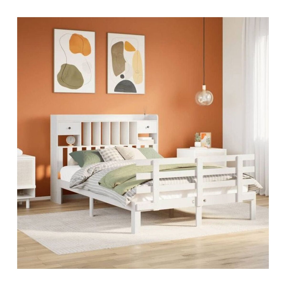 Massivholzbett Vidaxl aus Kiefer mit Regal in Weiß, B/T/H: 140 x 190 x 110 cm - Bild 1