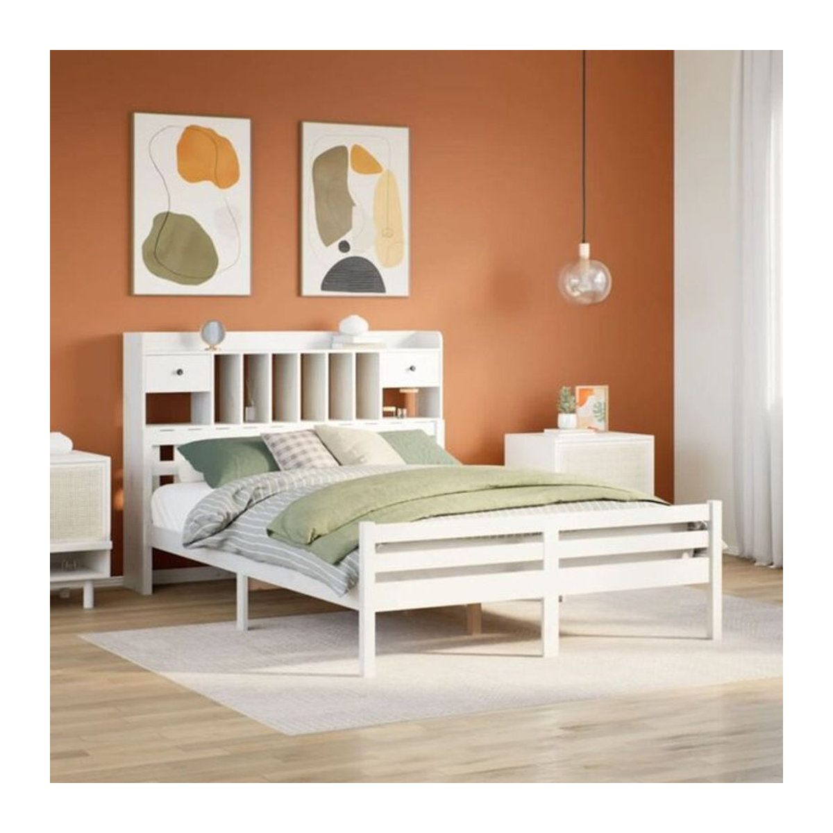 Massivholzbett Vidaxl aus Kiefer mit Regal in Weiß, B/T/H: 150 x 200 cm - Bild 1