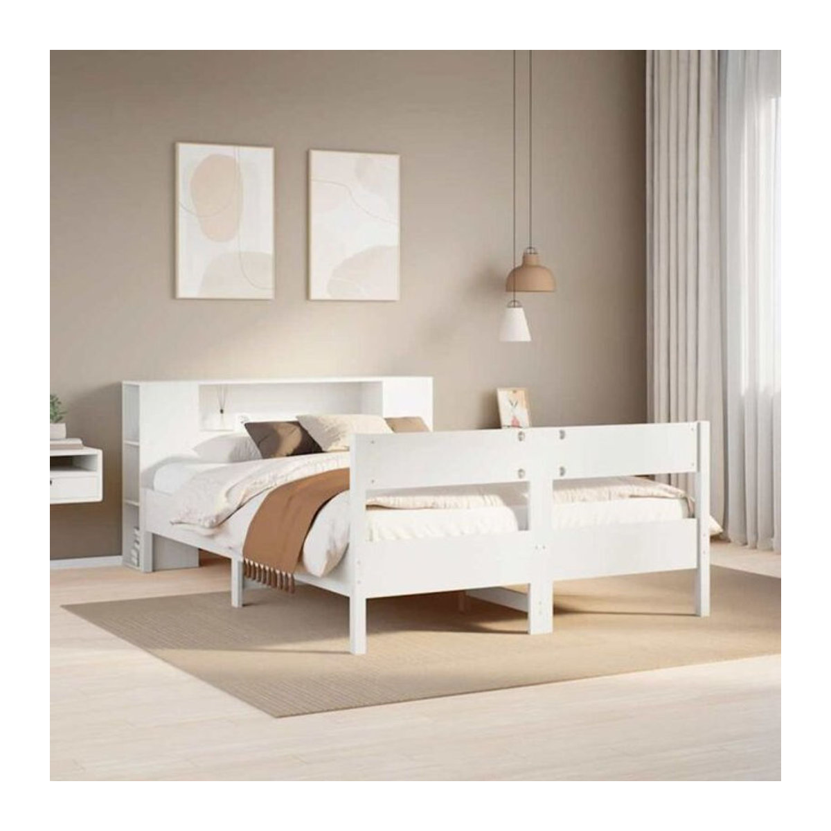 Massivholzbett Vidaxl aus Kiefer mit Regal in Weiß, B/T/H: 150 x 200 x 82 cm - Bild 1