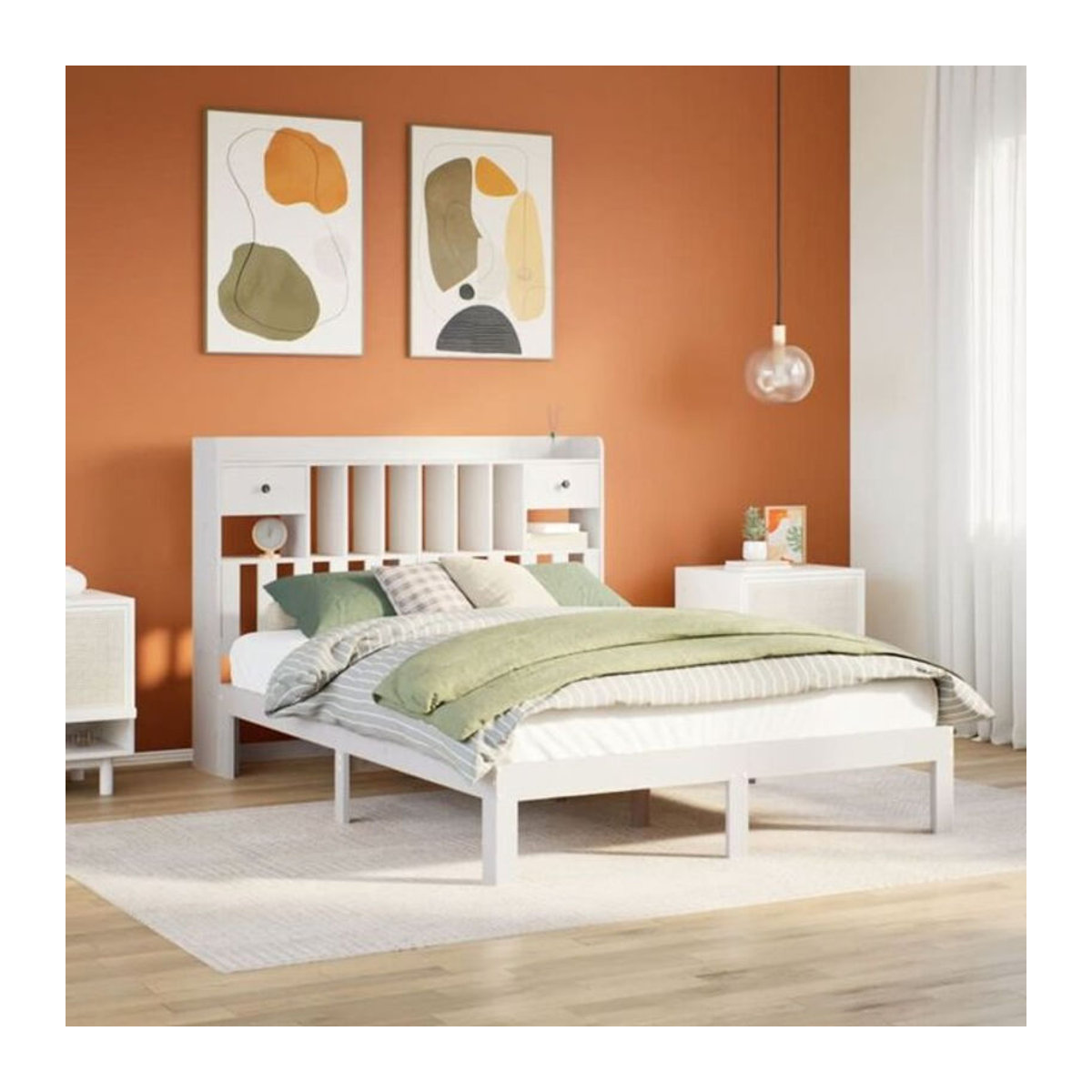 Massivholzbett Vidaxl aus Kiefer mit Regal in Weiß, B/T/H: 160 x 200 cm - Bild 1