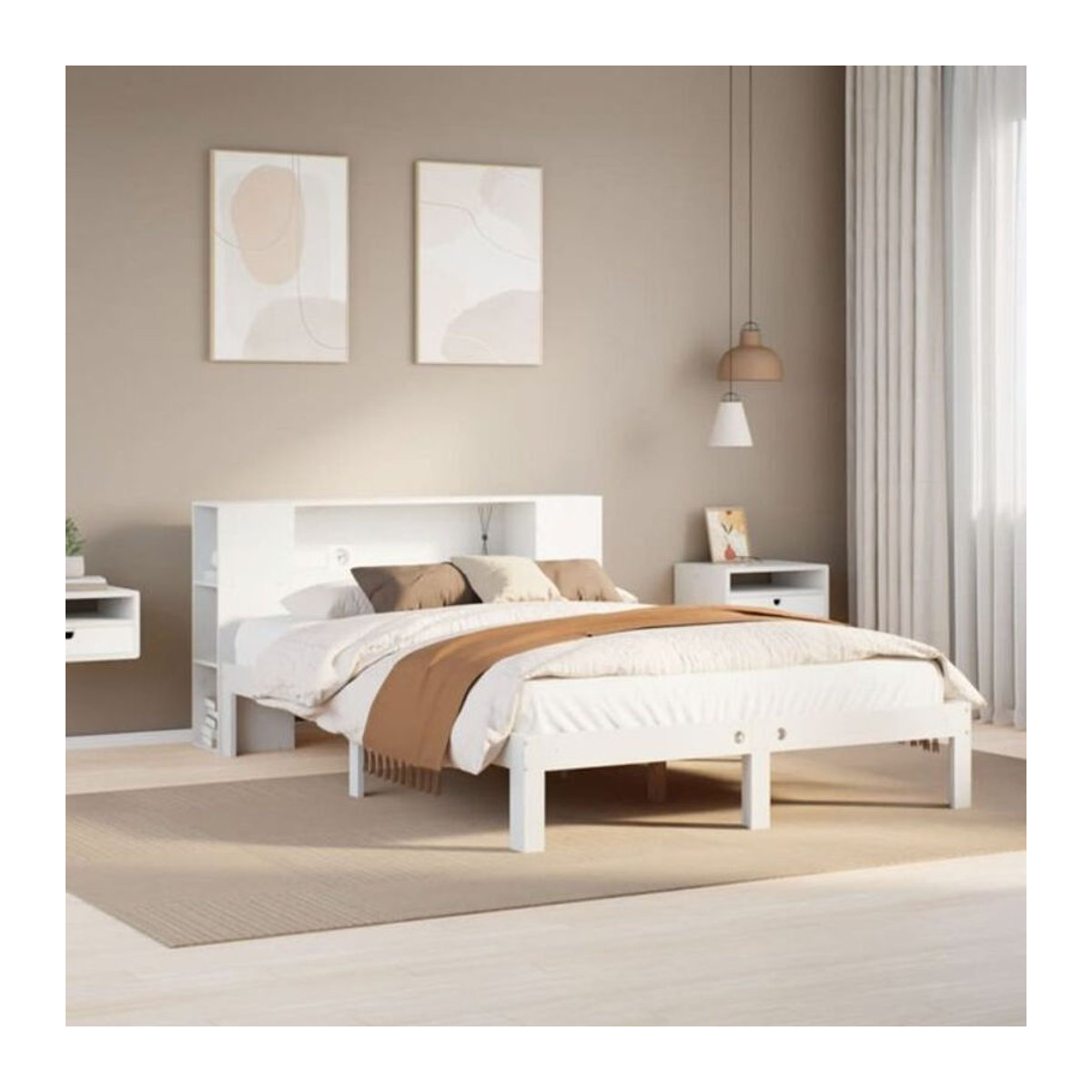 Massivholzbett Vidaxl aus Kiefer mit Regal in Weiß, B/T/H: 160 x 200 cm - Bild 1