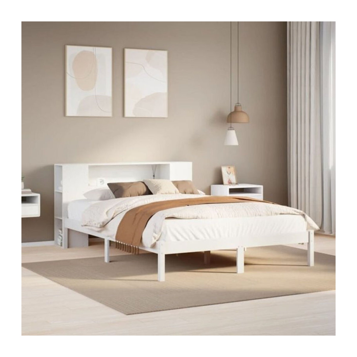 Massivholzbett Vidaxl aus Kiefer mit Regal in Weiß, B/T/H: 160 x 200 x 82 cm - Bild 1