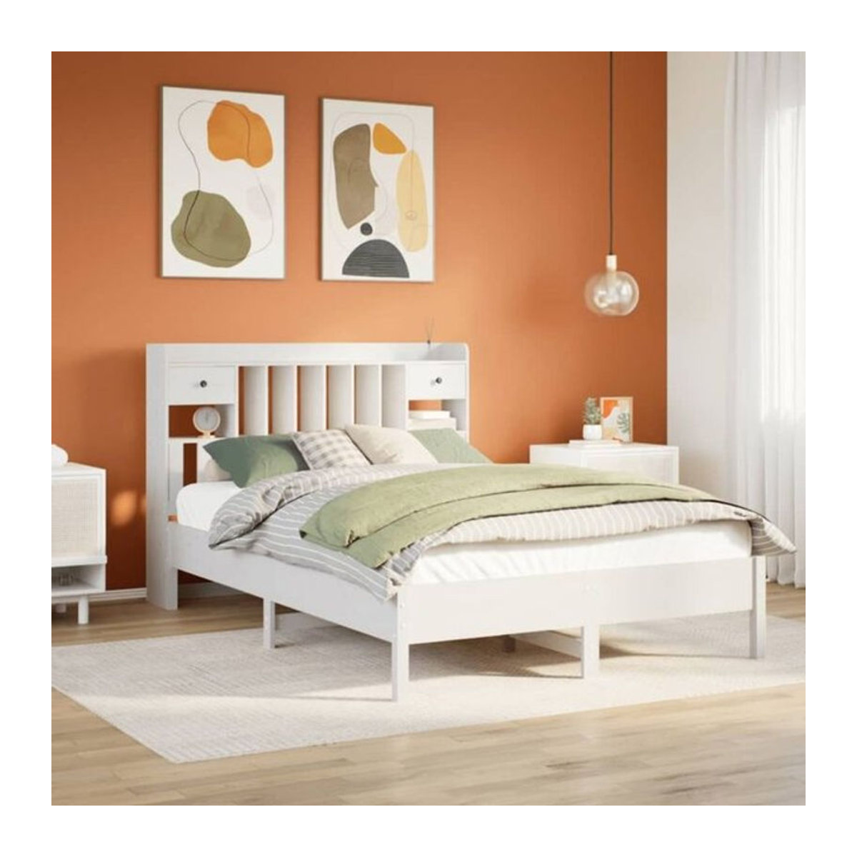 Massivholzbett Vidaxl aus Kiefer mit Regal in Weiß, Landhaus und Skandinavisch Stil, B/T/H: 140 x 190 cm - Bild 1