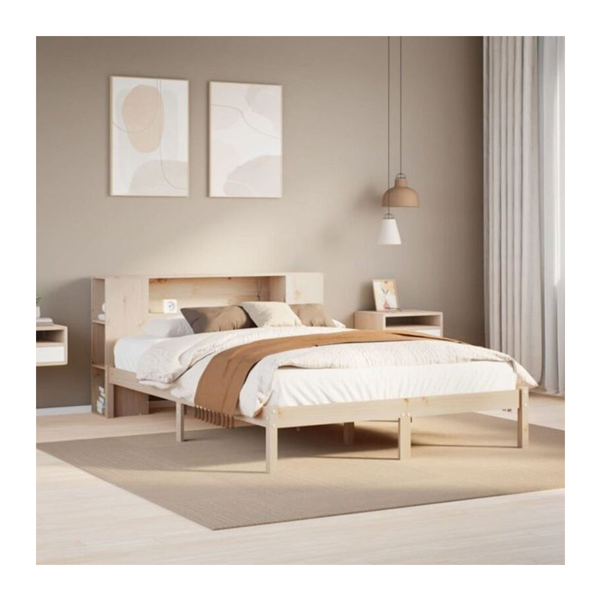 Massivholzbett Vidaxl aus Kiefernholz mit Regal in Braun und Natur, B/T/H: 135 x 190 x 82 cm - Bild 1