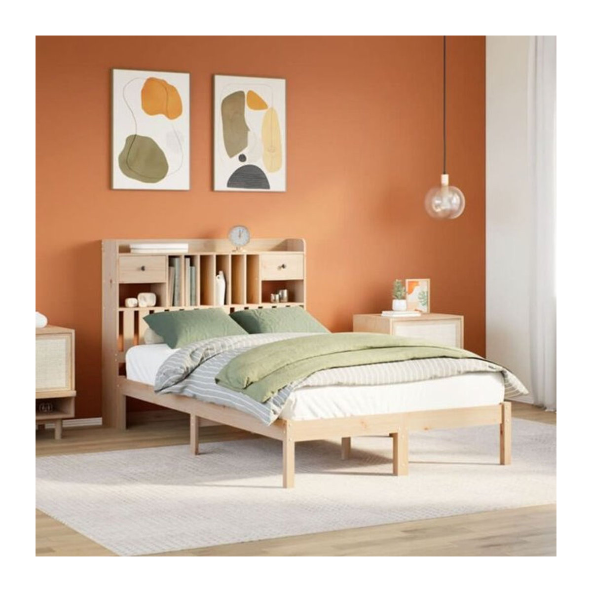 Massivholzbett Vidaxl aus Kiefernholz mit Regal in Braun und Natur, Skandinavischer Stil, B/T: 135 x 190 cm - Bild 1