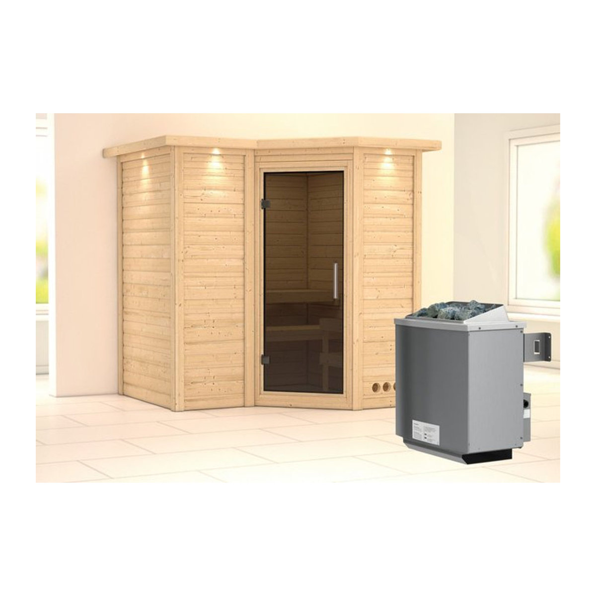Massivholzsauna SAHIB 1 aus Kiefer mit 9.0 kW Ofen, integrierter Steuerung, Dachkranz und Ganzglastür in Graphit, B/T/H: 193 x 184 x 212 cm - Bild 1