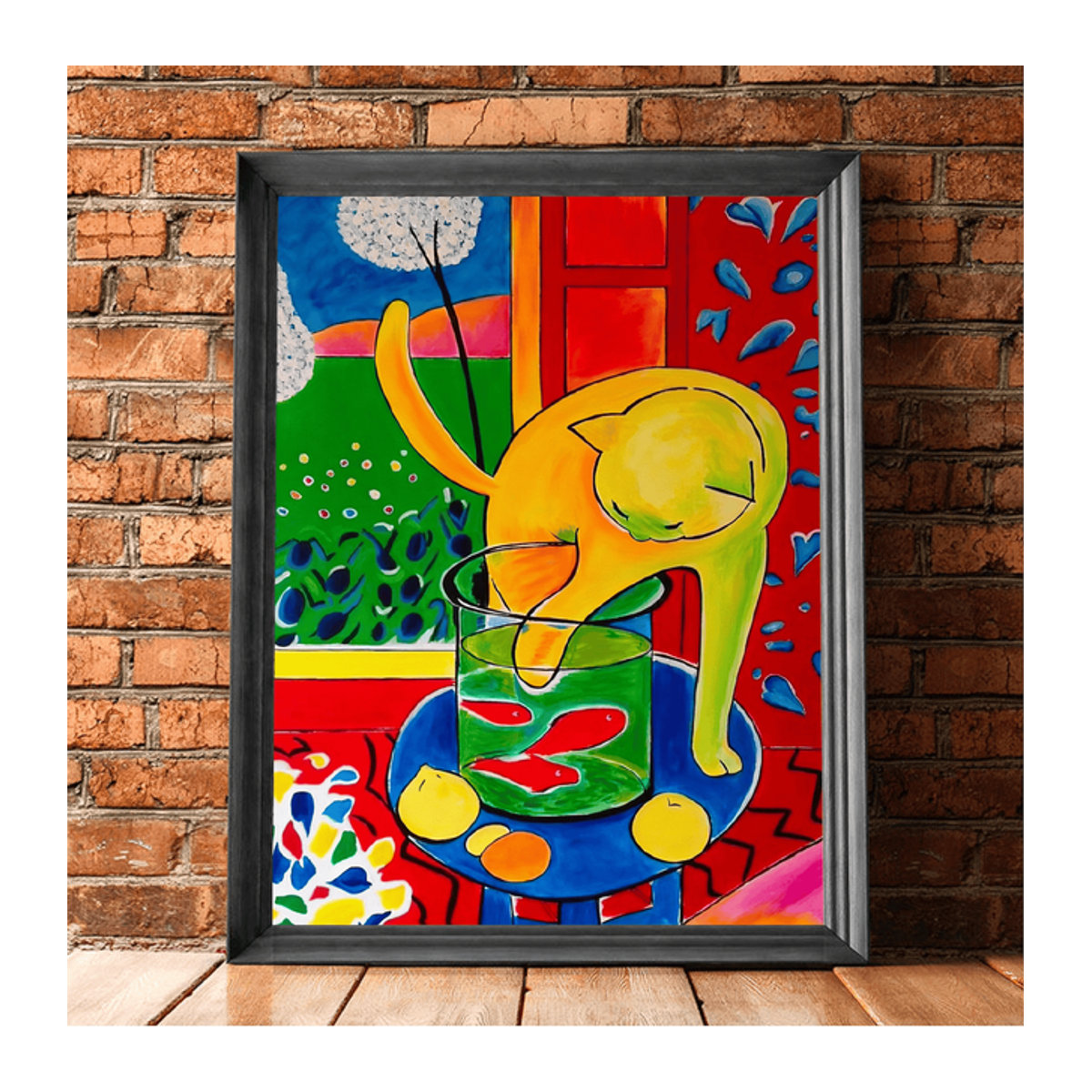Matisse Wandkunst mit Katzen und roten Fischen in Gelb und Rot als moderner abstrakter Kunstdruck im Hochformat - Bild 1