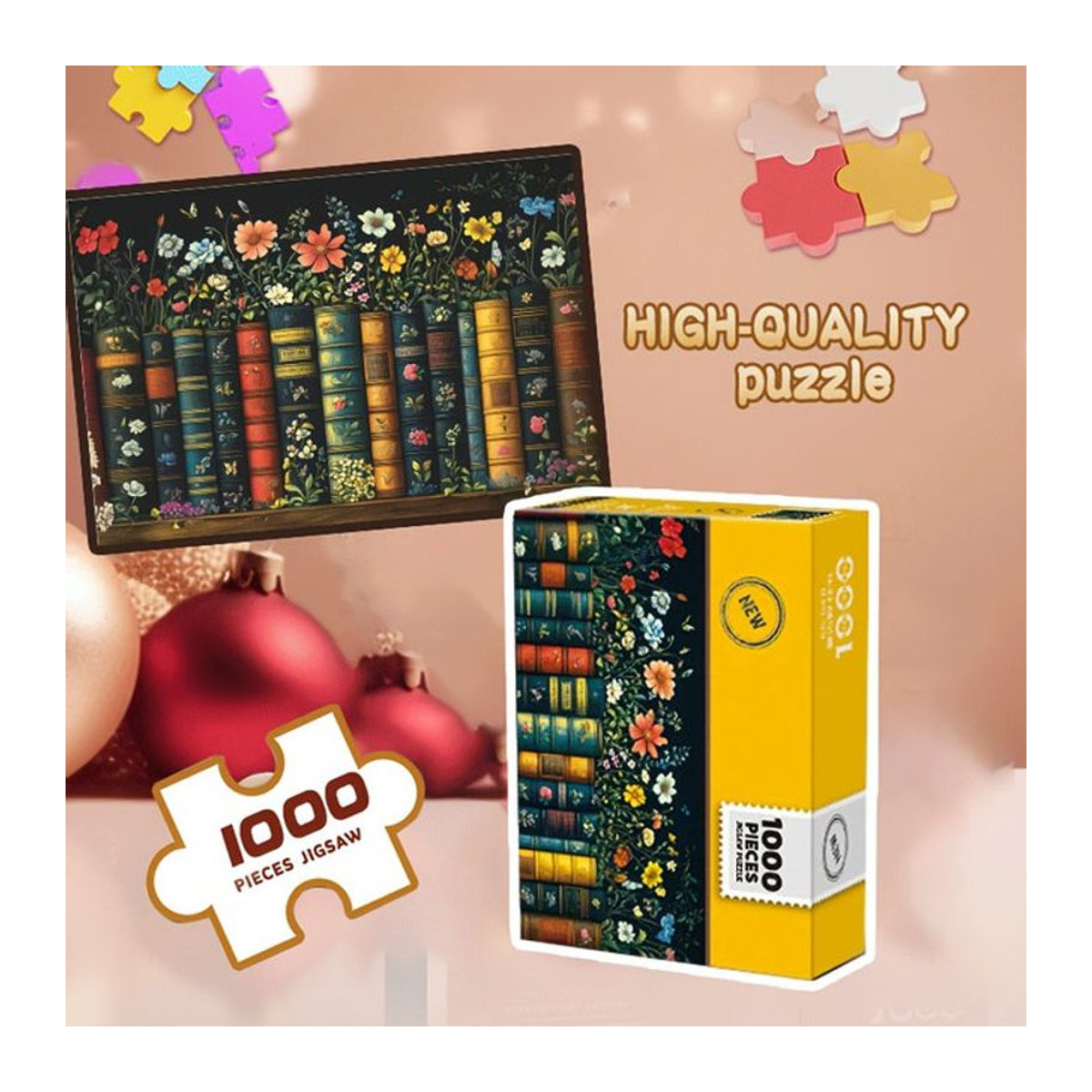 MaxRenard 1000-teiliges Puzzle Blühendes Bücherregal mit floralen Kunstbuchstaben, mehrfarbig, B: 38,74 cm x H: 25,4 cm - Bild 1