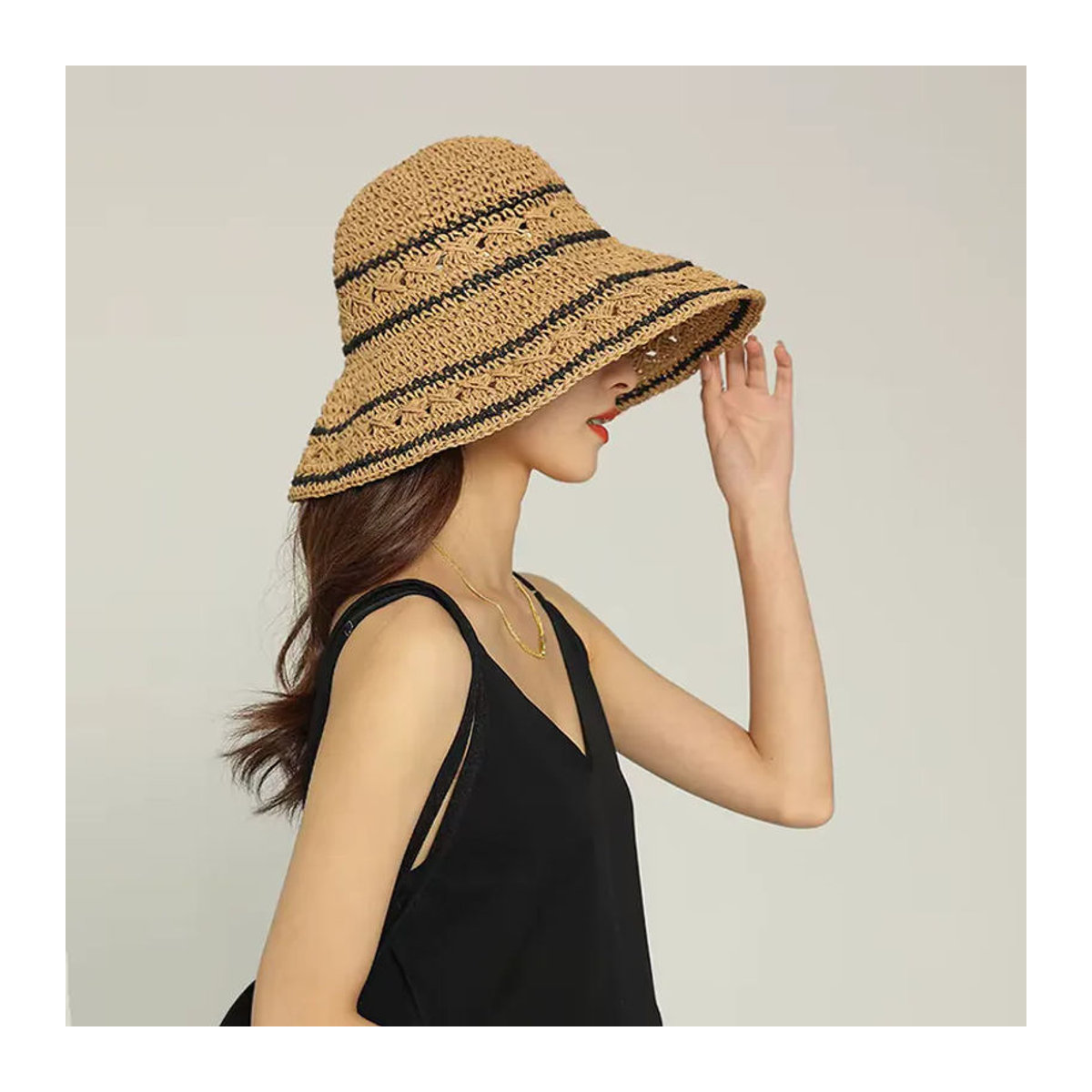 MAZIAO Damen Bohemian Sonnenhut aus Stroh und Rattan in Beige mit Streifenmuster - Bild 2
