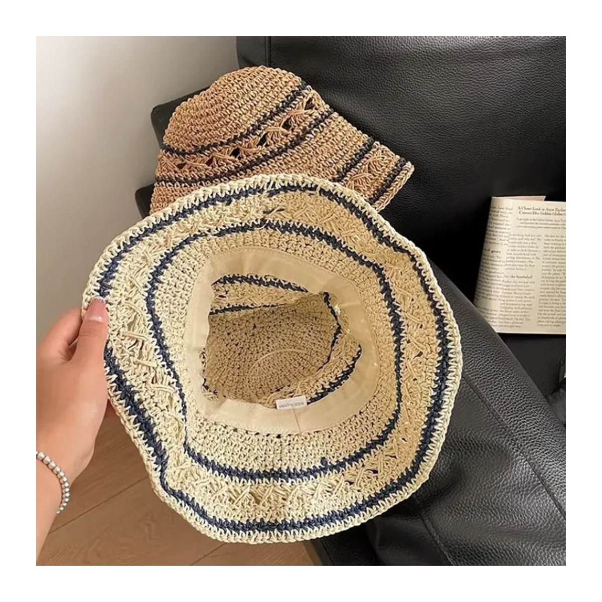 MAZIAO Damen Bohemian Sonnenhut aus Stroh und Rattan in Beige mit Streifenmuster - Bild 3