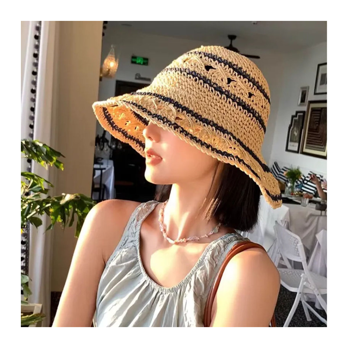 MAZIAO Damen Bohemian Sonnenhut aus Stroh und Rattan in Beige mit Streifenmuster - Bild 5