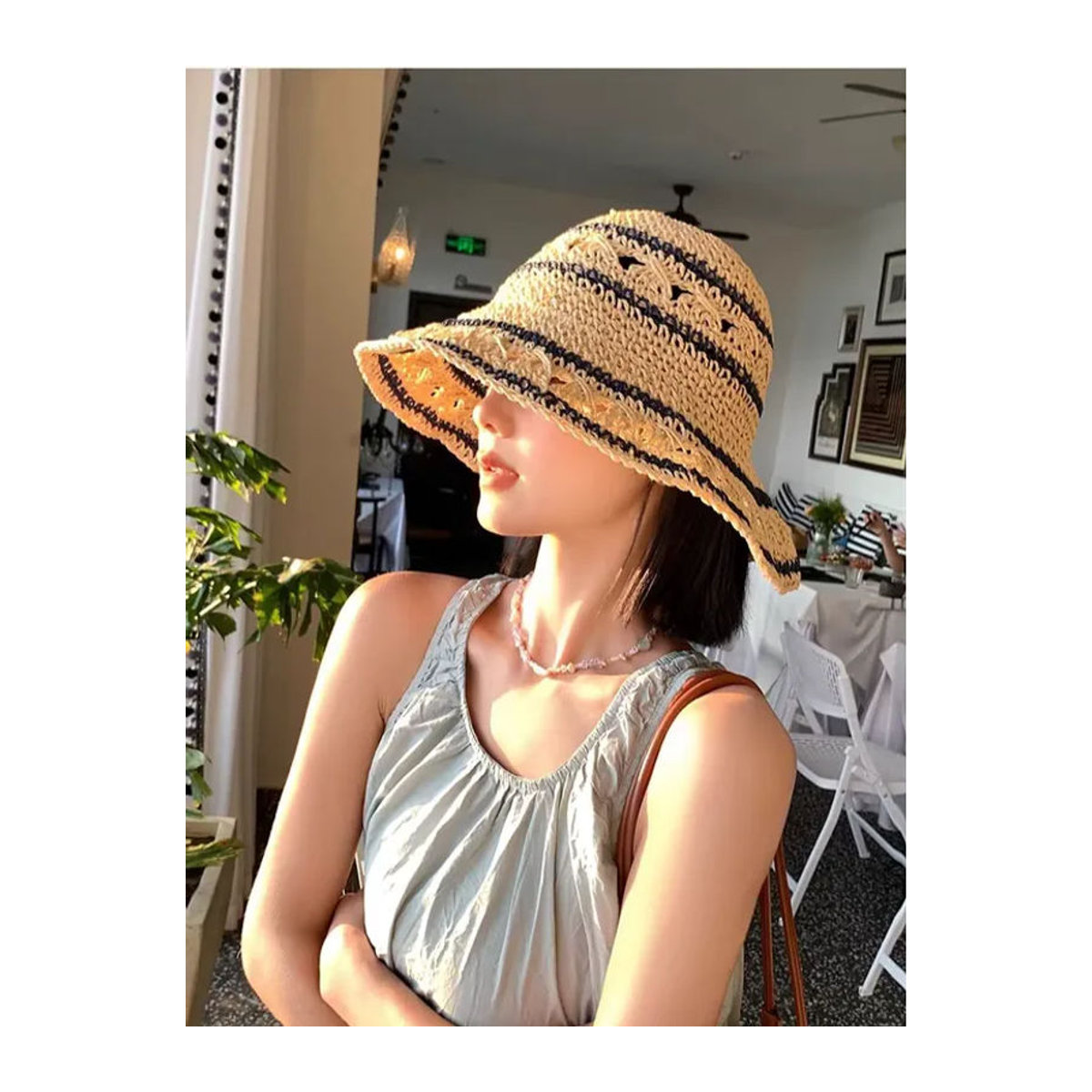 MAZIAO Damen Bohemian Sonnenhut aus Stroh und Rattan in Beige mit Streifenmuster - Bild 7