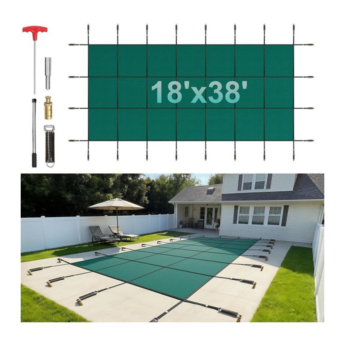 MB Sicherheitsabdeckung für eingelassene Pools, rechteckiges Poolnetz aus grünem Polypropylen und Metall, Maße: 18 x 38 Fuß (passend für 16 x 36 Fuß Pools) - Bild 1