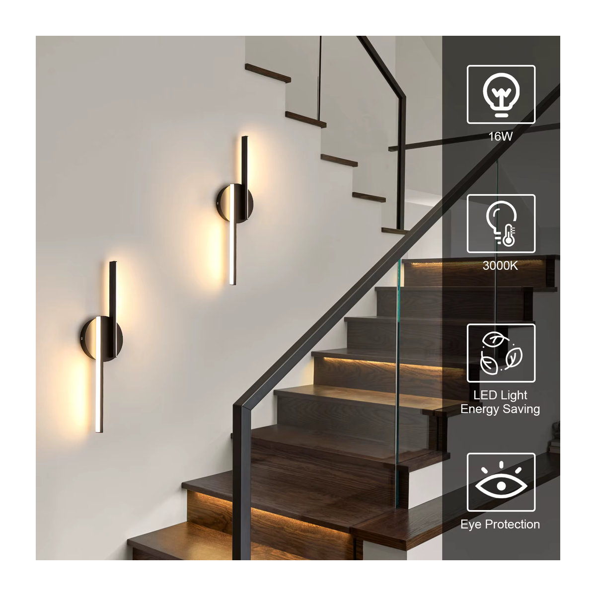 Mckalen LED-Wandleuchten im 2er-Set, Schwarz, minimalistisches Design, 16W, warmweißes Licht 3000K - Bild 4