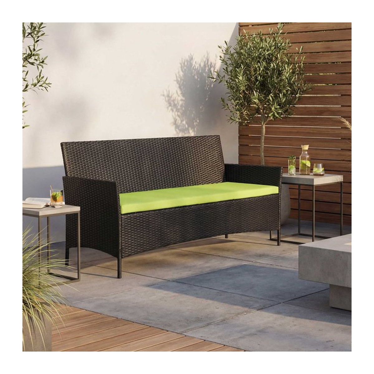 MCW 3-Sitzer Poly-Rattan Gartenbank Hamar in Anthrazit mit grünen Kissen - Bild 1