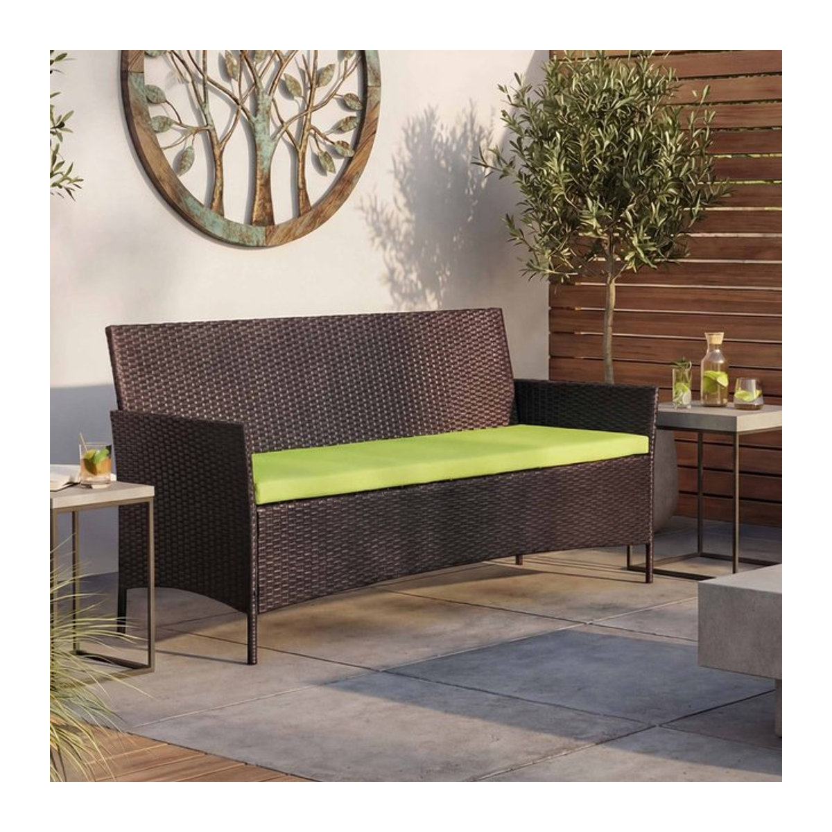 MCW 3-Sitzer Poly-Rattan Gartenbank Hamar in Braun-meliert mit grünen Kissen - Bild 1