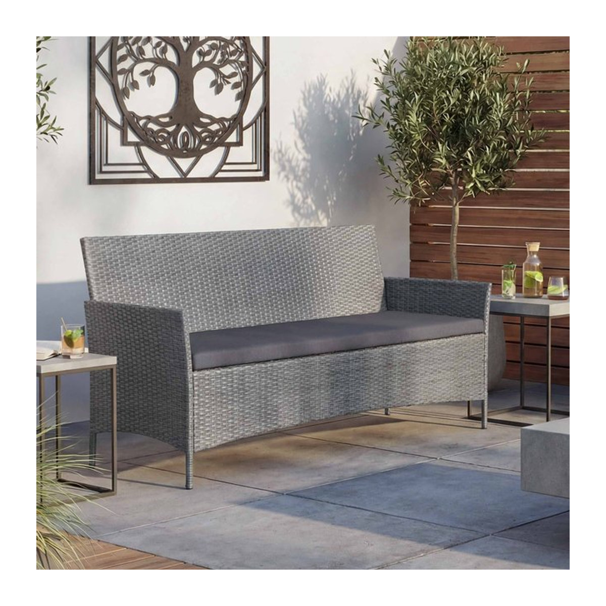 MCW 3-Sitzer Poly-Rattan Gartenbank Hamar in Grau mit anthrazitfarbenen Kissen - Bild 1
