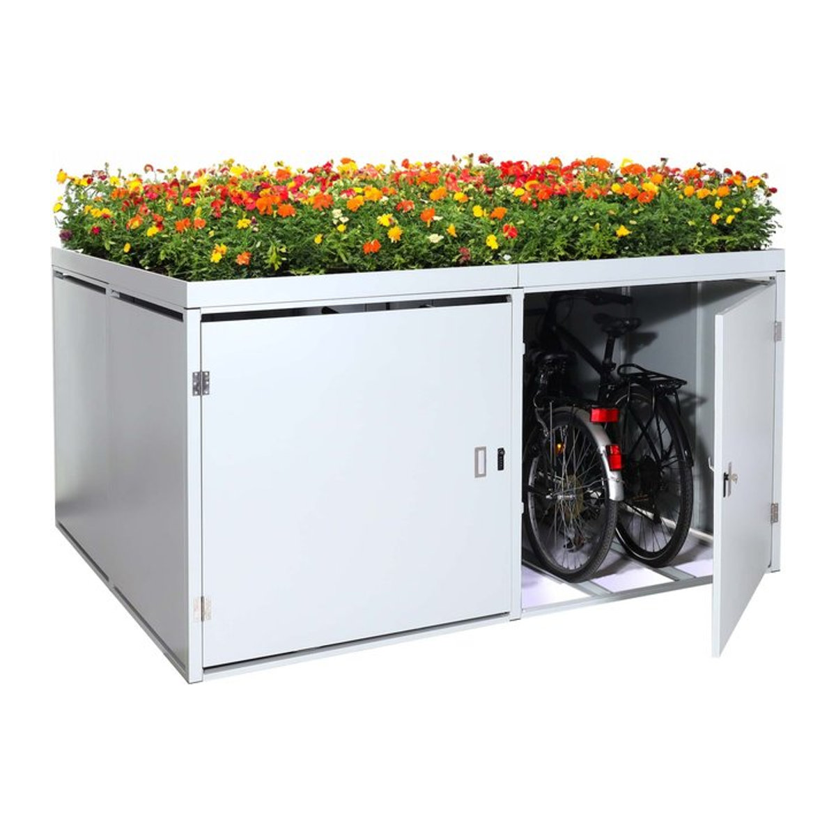 MCW 4er-Fahrradgarage mit Pflanzkasten aus verzinktem Stahl, abschließbare Fahrradbox, hellgrau, H x B x T: 210 x 126 x 220 cm - Bild 1