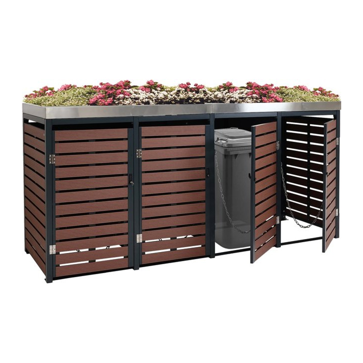 MCW 4er Mülltonnenverkleidung MCW-K14 Mülltonnenbox mit Pflanzkasten aus WPC und Edelstahl in Walnuss-Holzoptik B/T/H: 124 x 265 x 84 cm - Bild 1