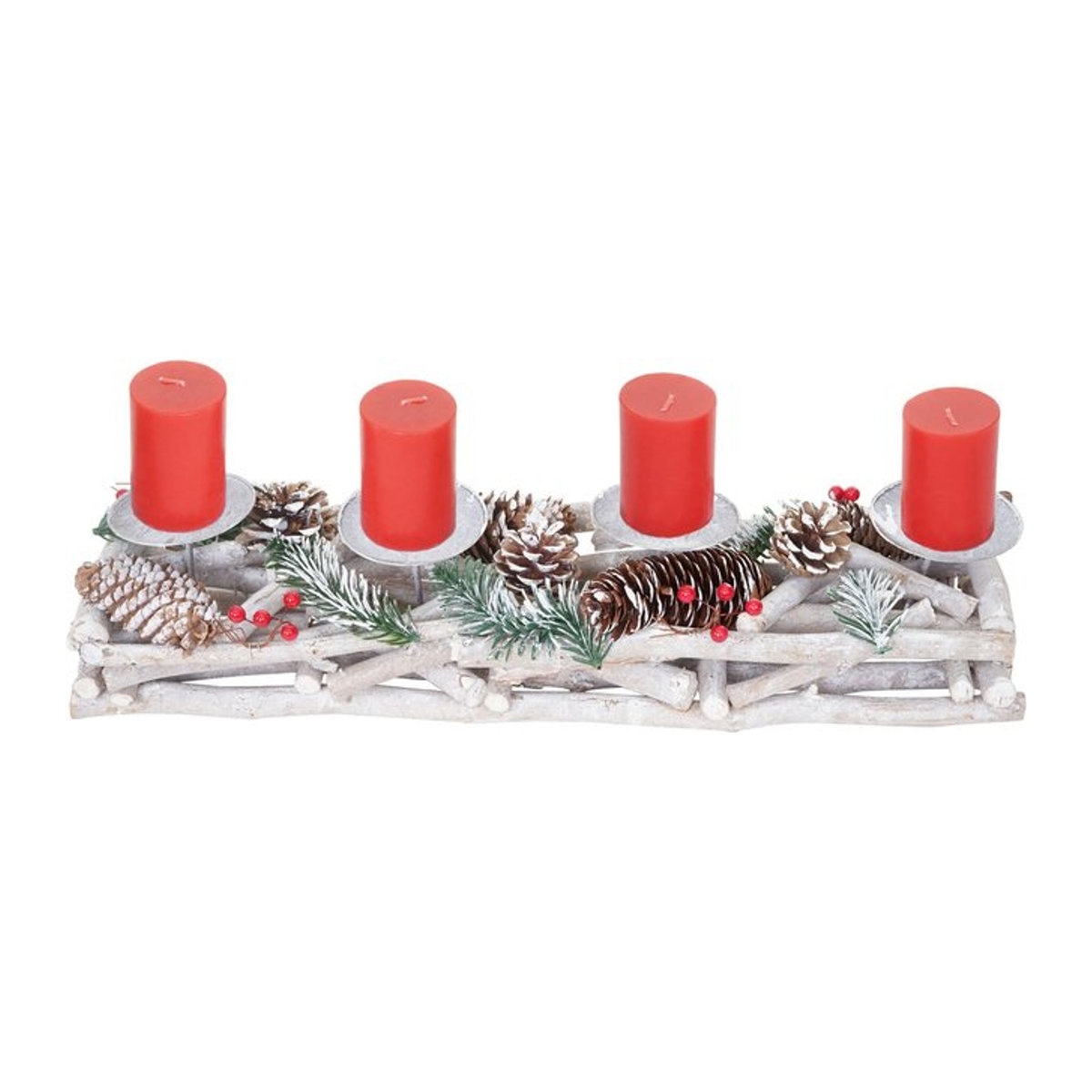 MCW Adventsgesteck aus Holz mit Stumpenkerzen in Weiß, Grau und Rot, B/T/H: 50 x 11 x 15 cm - Bild 1