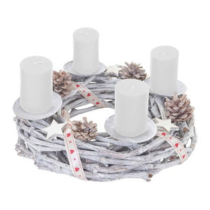 MCW Adventskranz aus Holz in Weiß-Grau mit 4 Stumpenkerzen, Durchmesser: 30 cm