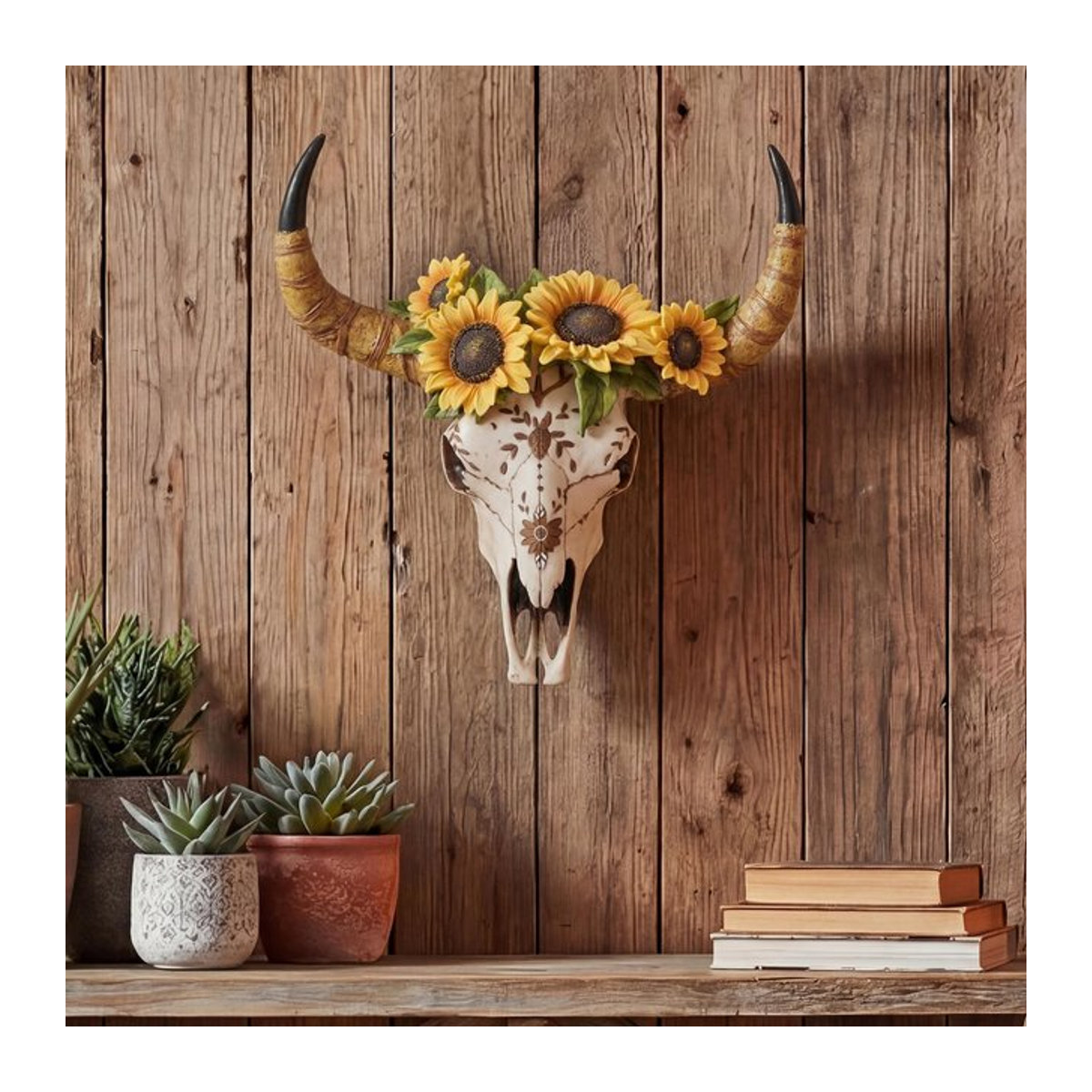 MCW Deko Schädel Stier Longhorn Kopf mit Sonnenblume-Verzierung, weiß, Polyresin, Höhe: 42 cm - Bild 1
