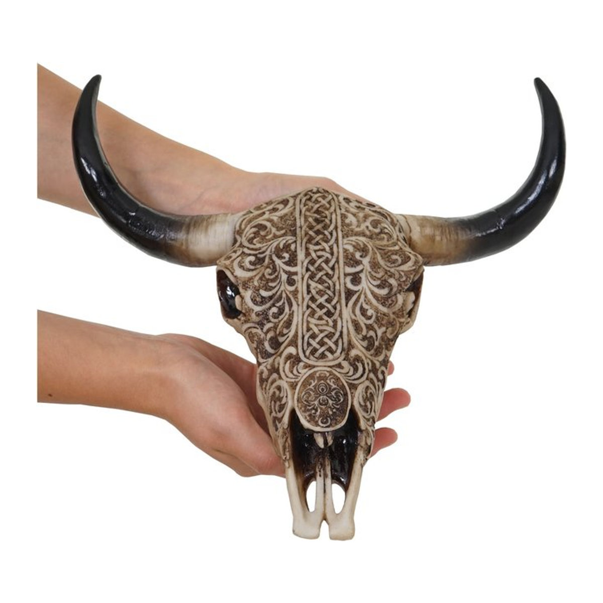 MCW Deko Schädel Stier Longhorn Kopf mit Tribal-Muster in Beige aus Kunstharz, Höhe: 31 cm - Bild 1