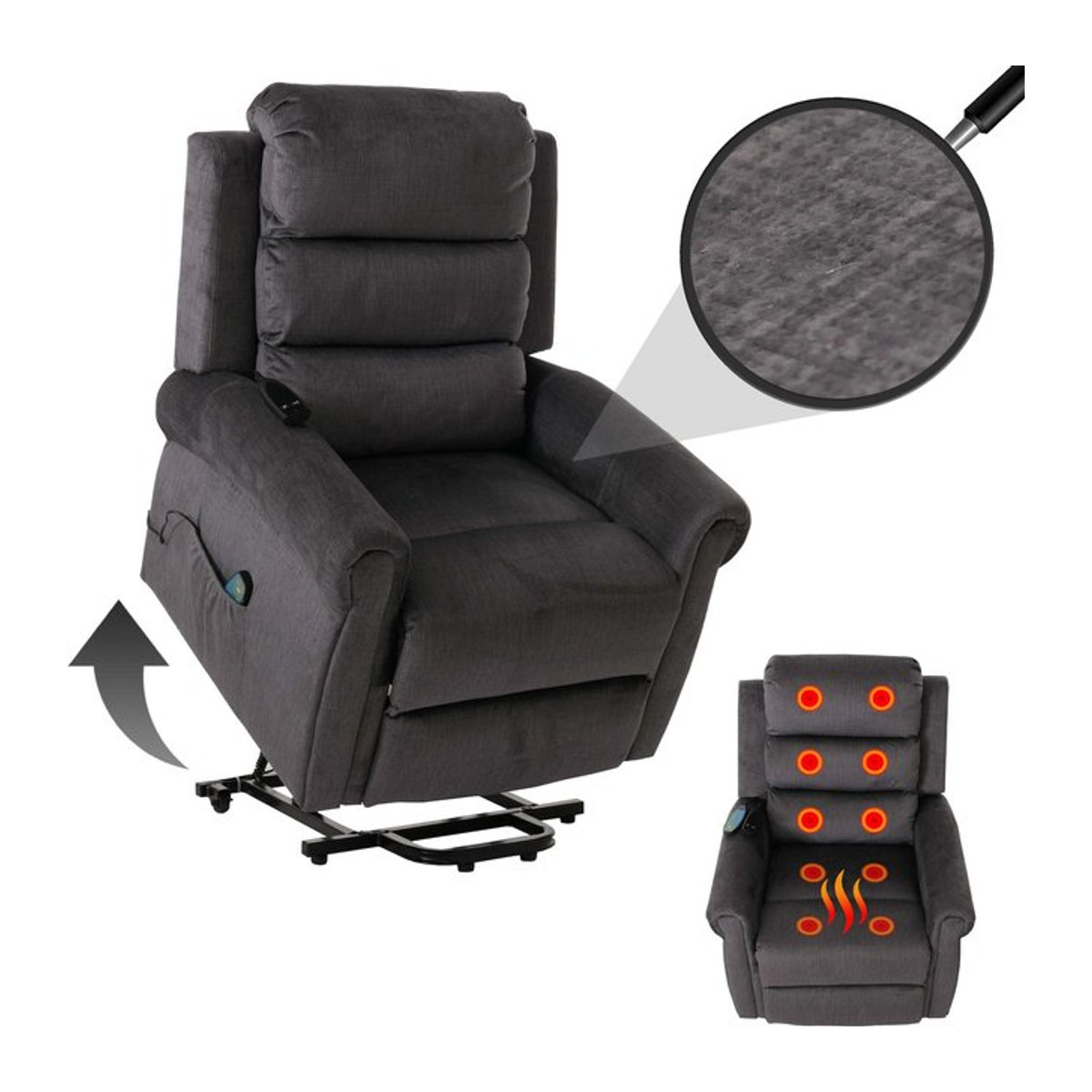 MCW Fernsehsessel MCW-K63 Relaxsessel mit Liegefunktion, Aufstehhilfe, Massage und Heizfunktion aus Chenille-Stoff in Dunkelgrau - Bild 1