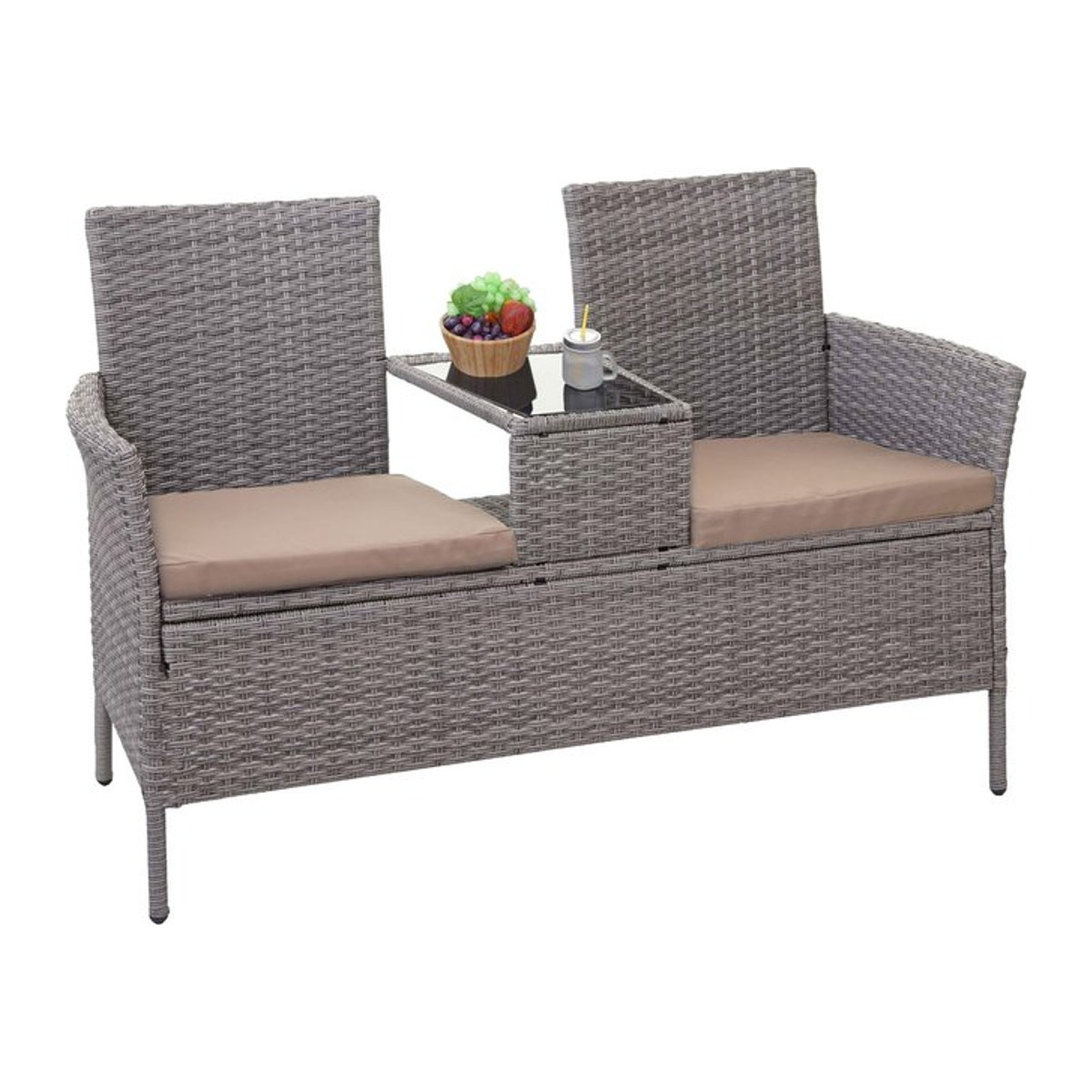 MCW Gartenbank Sitzgruppe aus Polyrattan mit Tisch und Kissen, Farbe Grau und Beige - Bild 1