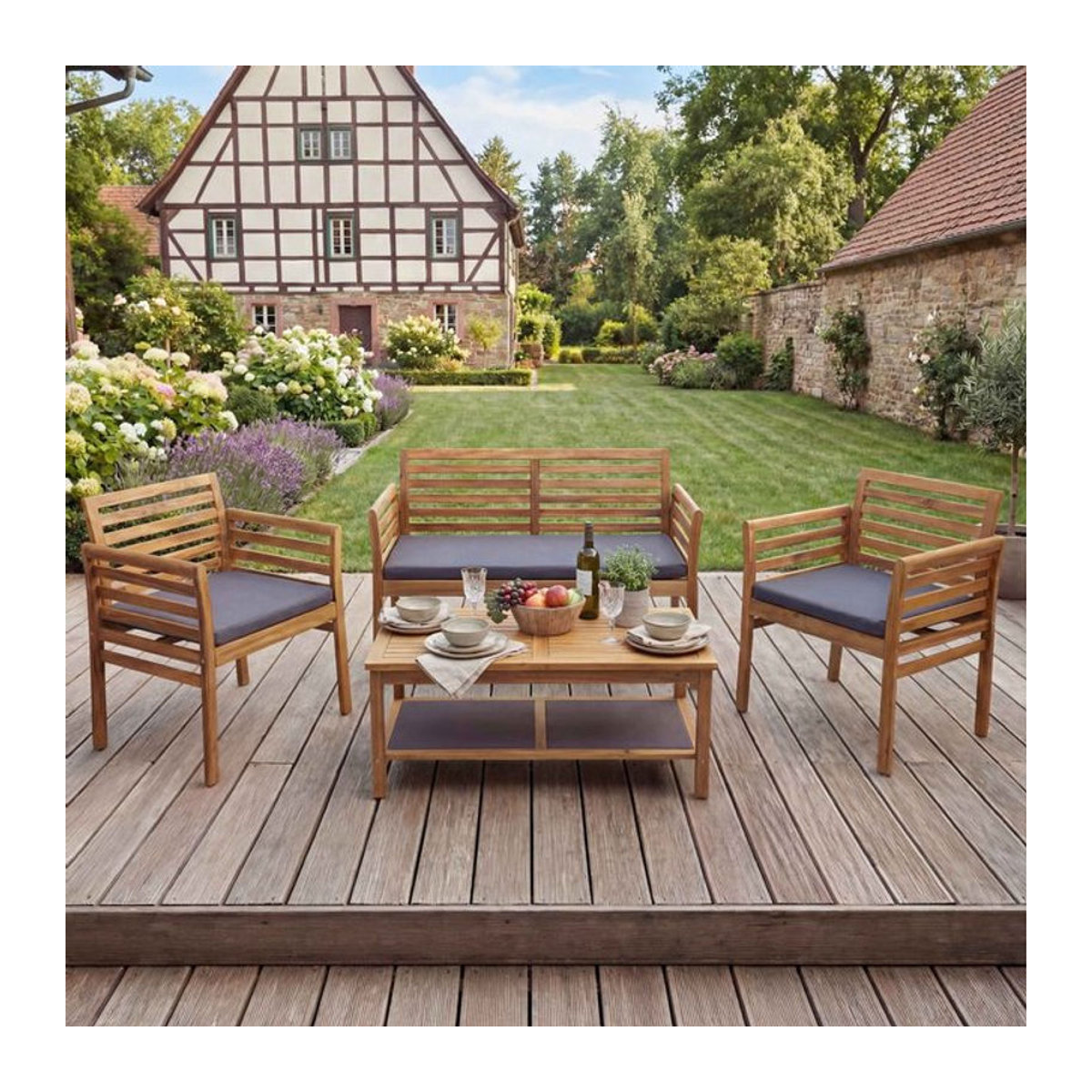 MCW Gartengarnitur MCW-E99b Lounge-Set aus massivem Akazienholz mit Kissen in Dunkelgrau - Bild 1
