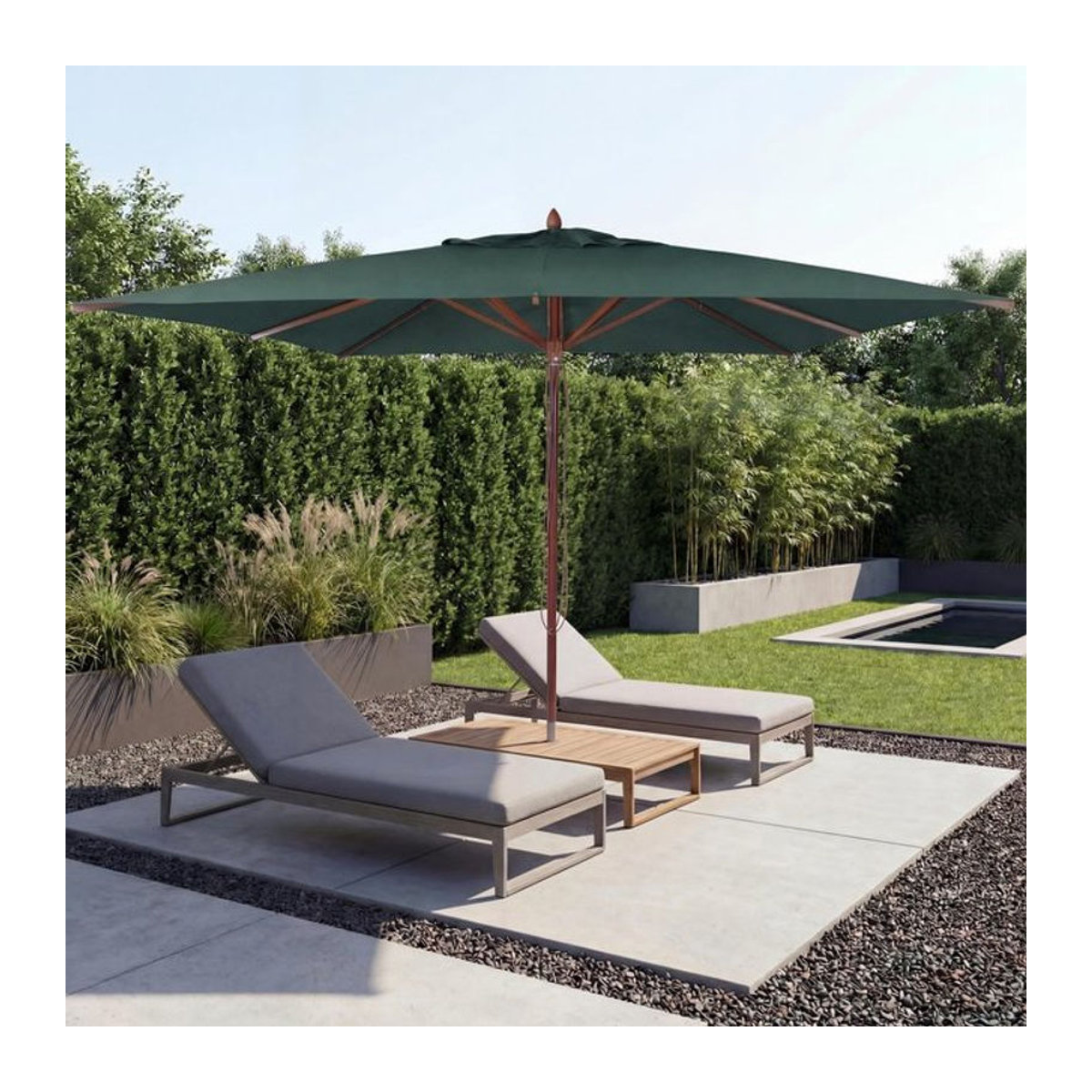 MCW Gastronomie Holz-Sonnenschirm eckig in Dunkelgrün mit Seilzug aus Polyester und Holz, B/T: 300 x 300 cm - Bild 1