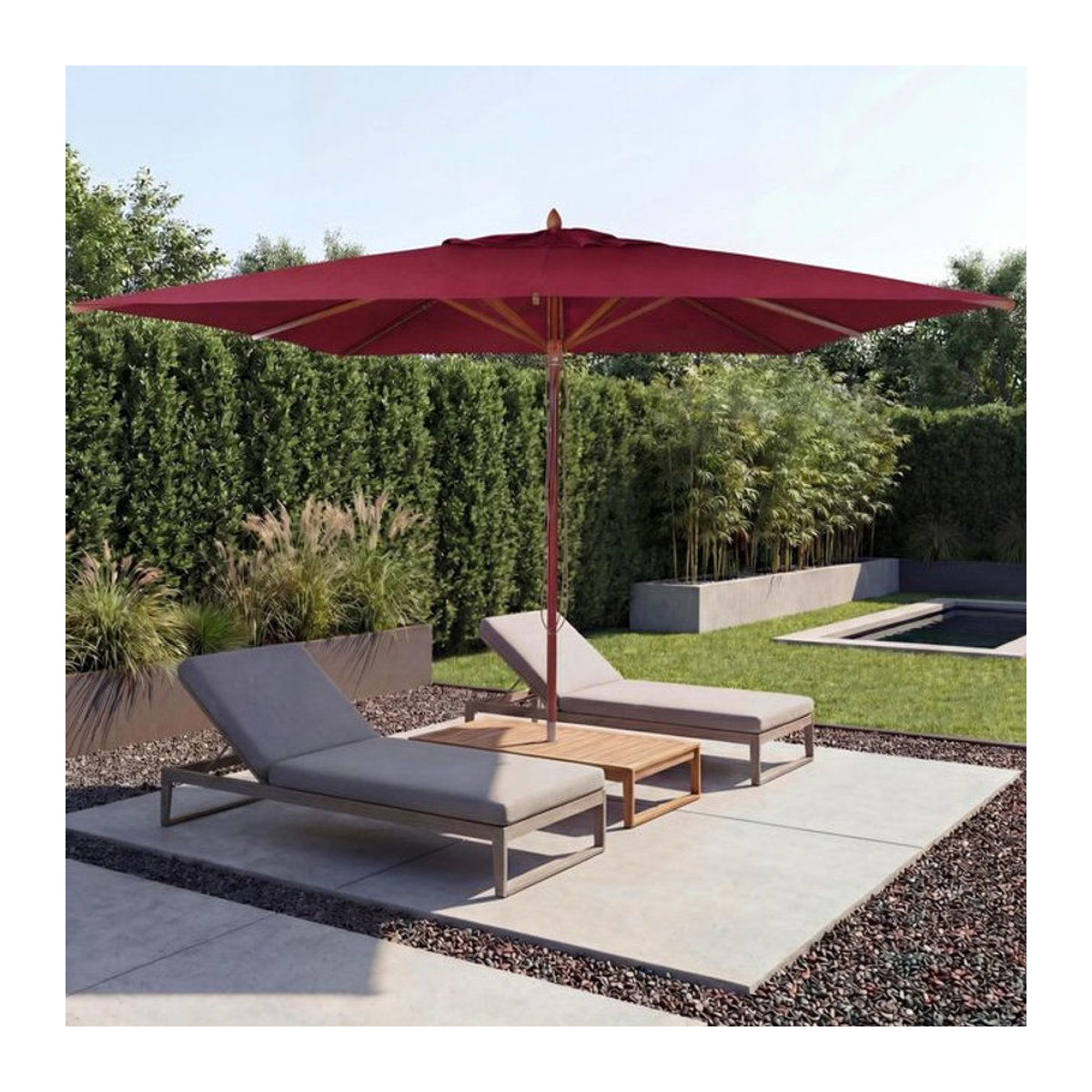 MCW Gastronomie Holz-Sonnenschirm eckig in Rot mit Seilzug, B/B: 400 x 400 cm, Material: Polyester und Holz - Bild 1
