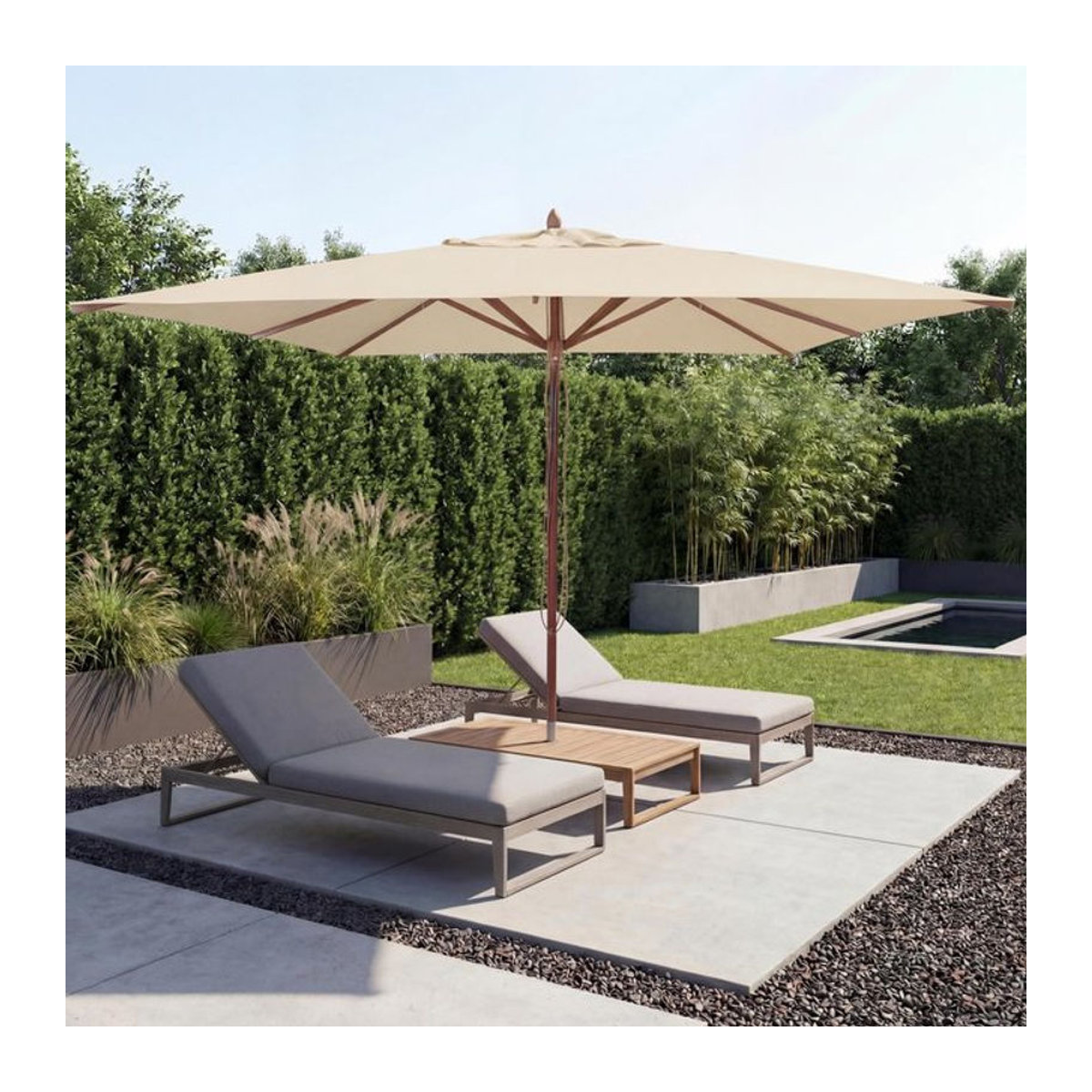 MCW Gastronomie Holz-Sonnenschirm eckig mit Seilzug aus Polyester und Holz in Beige, B x B: 400 x 400 cm - Bild 1