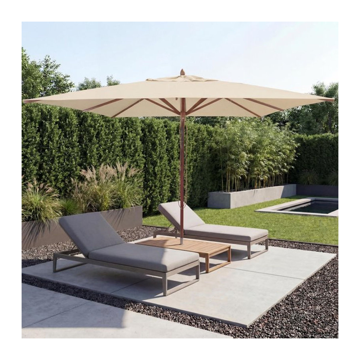 MCW Gastronomie Holz-Sonnenschirm eckig mit Seilzug, Farbe: Beige, Material: Polyester und Holz, B/T: 300 x 300 cm - Bild 1