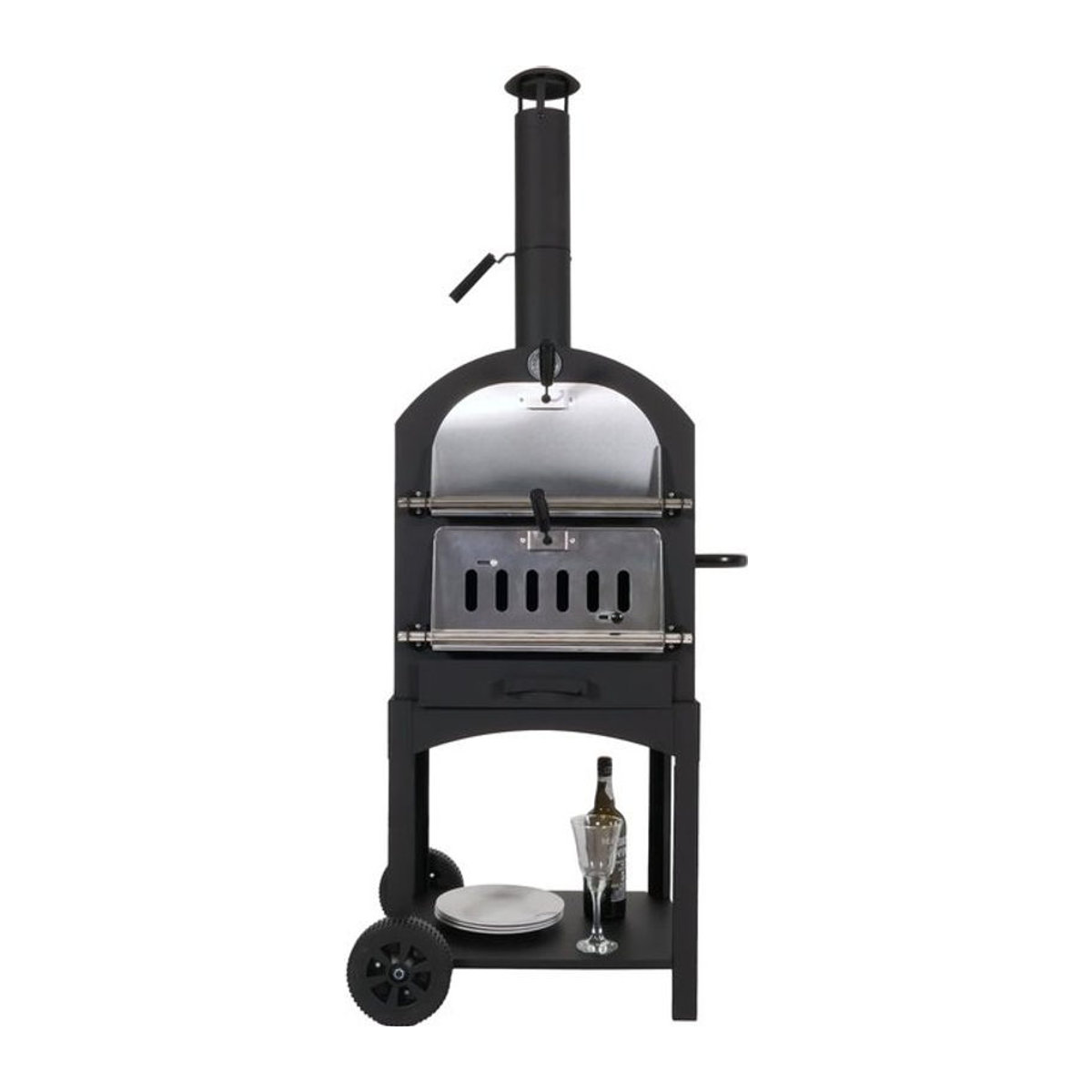MCW Holzkohlegrill MCW-N15 als Kombinationsgerät aus Pizzaofen und Kaminofen aus schwarzem Stahl mit Grillrost und Pizzastein - Bild 1