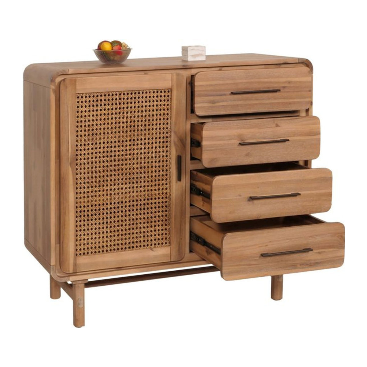 MCW Kommode MCW-M47 aus Akazie Massivholz mit Rattan-Design in Braun, B/H/T: 101 x 109 x 45 cm - Bild 1