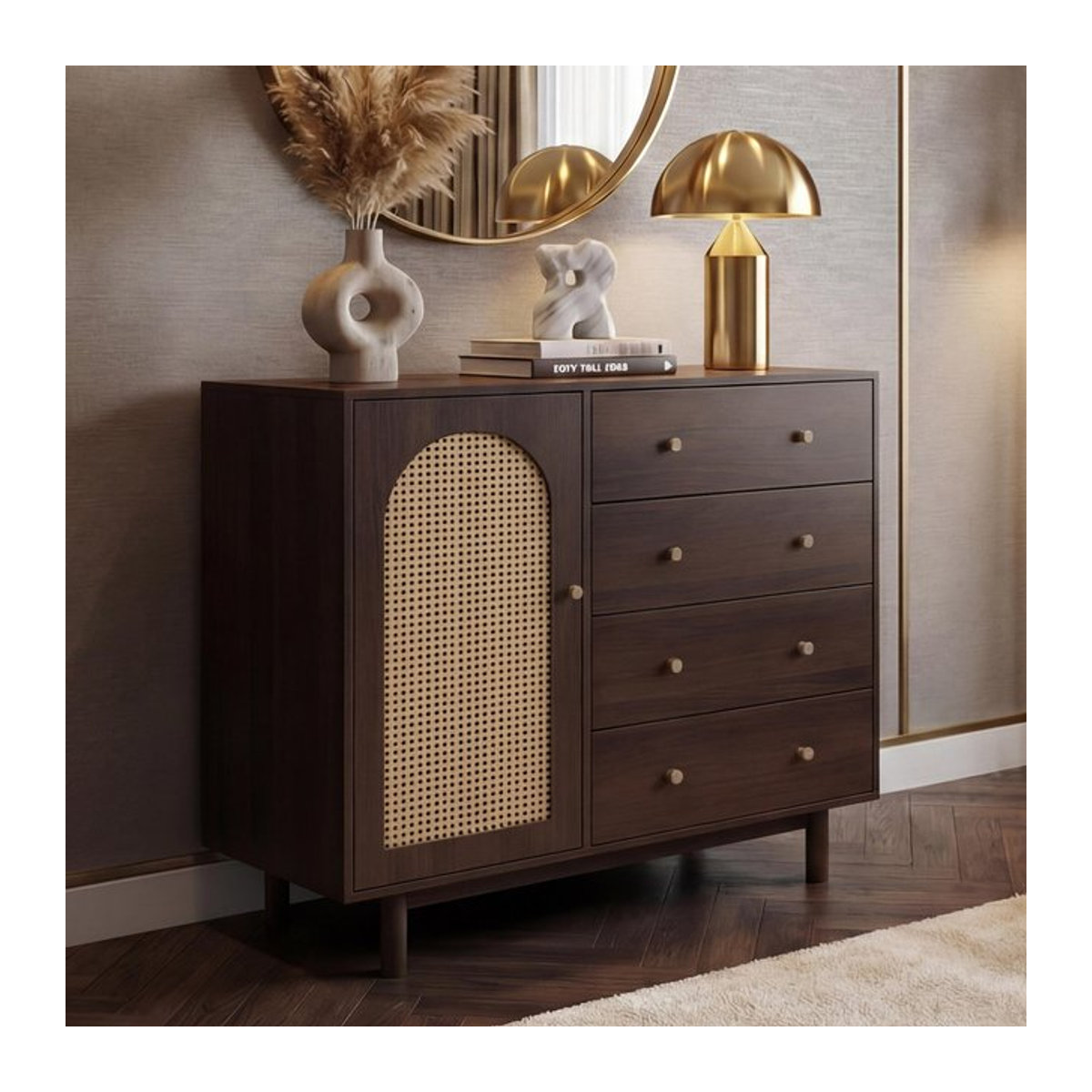 MCW Kommode MCW-P52 im Retro-Design mit Polyrattan und Schubladen in Walnuss-Optik, B/T/H: 95 x 40 x 100 cm - Bild 1