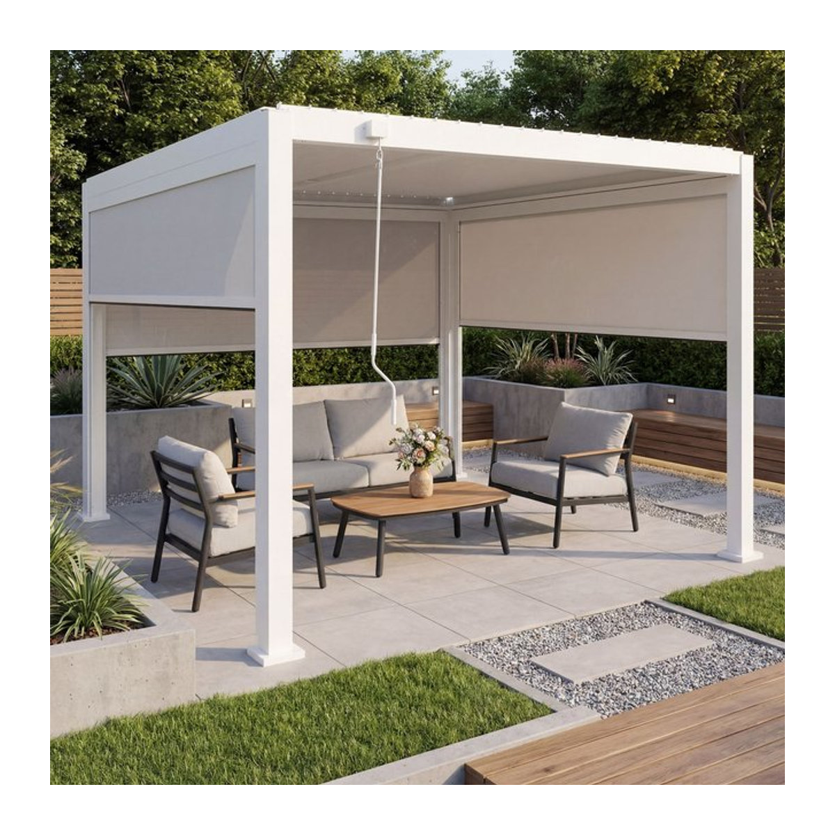 MCW Pergola MCW-P65 Lamellenpavillon mit 3 Seitenwänden und Rollos, Terrassenüberdachung aus Alu-Gestell, B/T/H: 300 x 300 x 10 cm, weiß - Bild 1