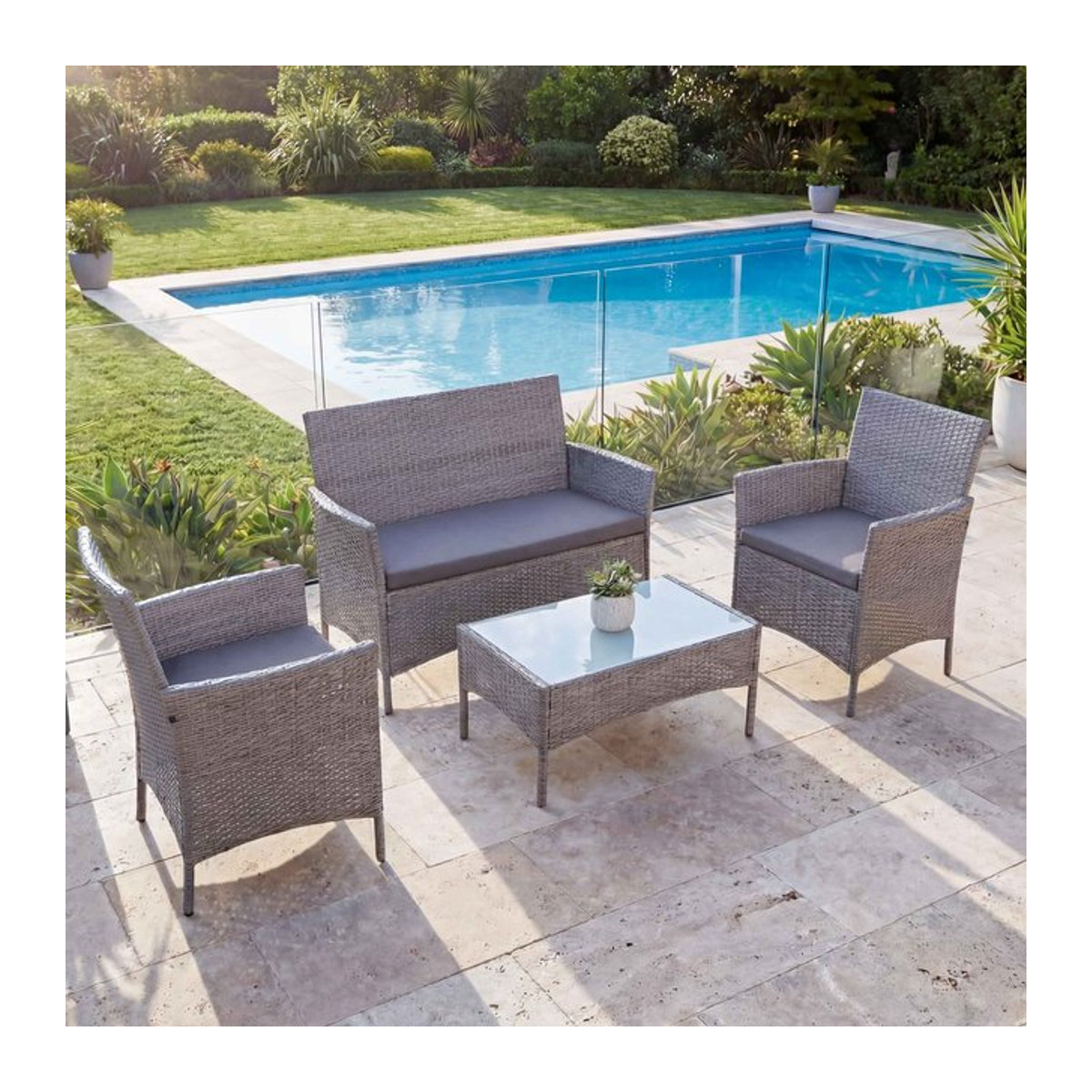 MCW Poly-Rattan Garten-Garnitur Hamar Lounge-Set Sitzgruppe in Grau mit anthrazitfarbenen Kissen - Bild 1