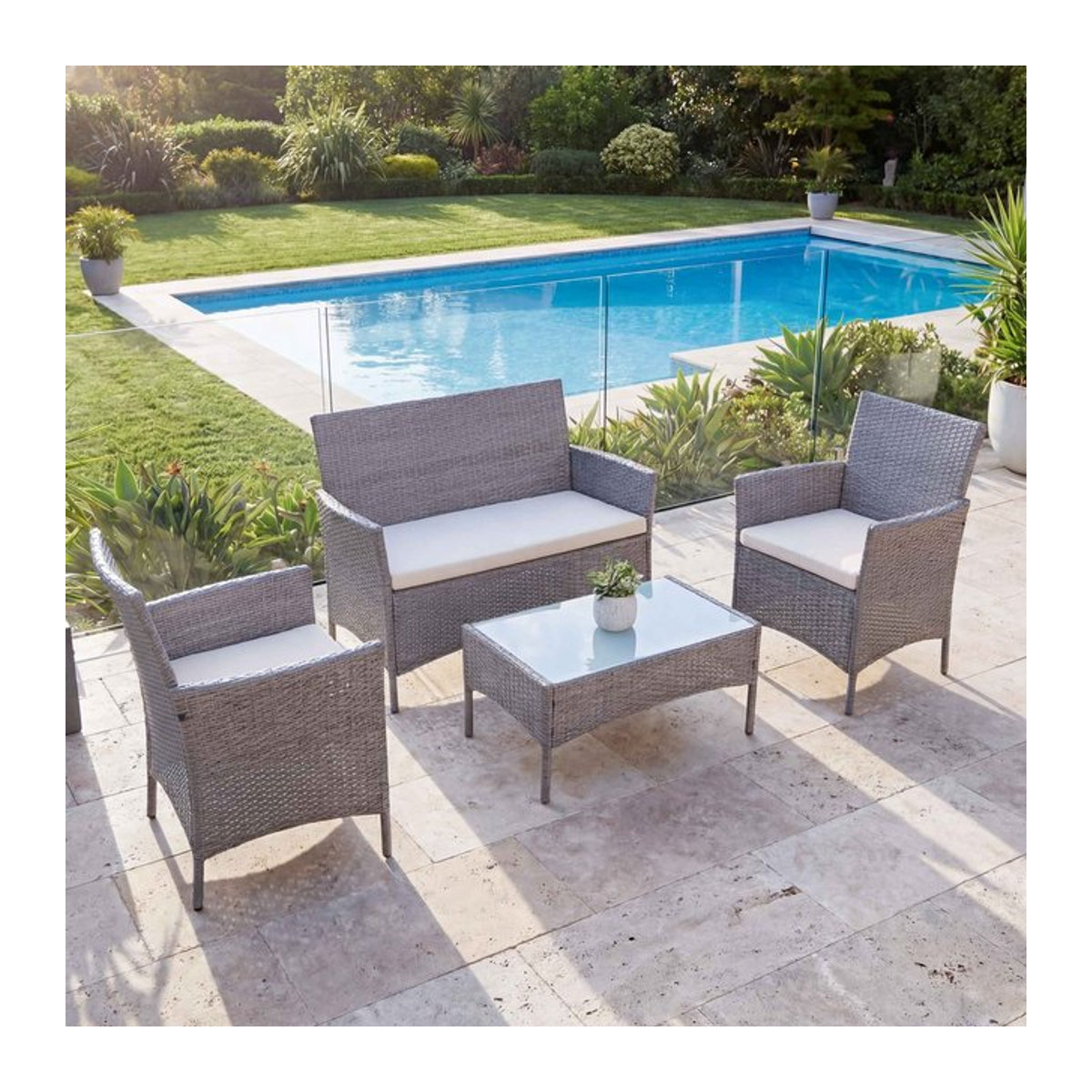 MCW Poly-Rattan Garten-Garnitur Hamar Lounge-Set Sitzgruppe in Grau mit cremefarbenen Kissen - Bild 1