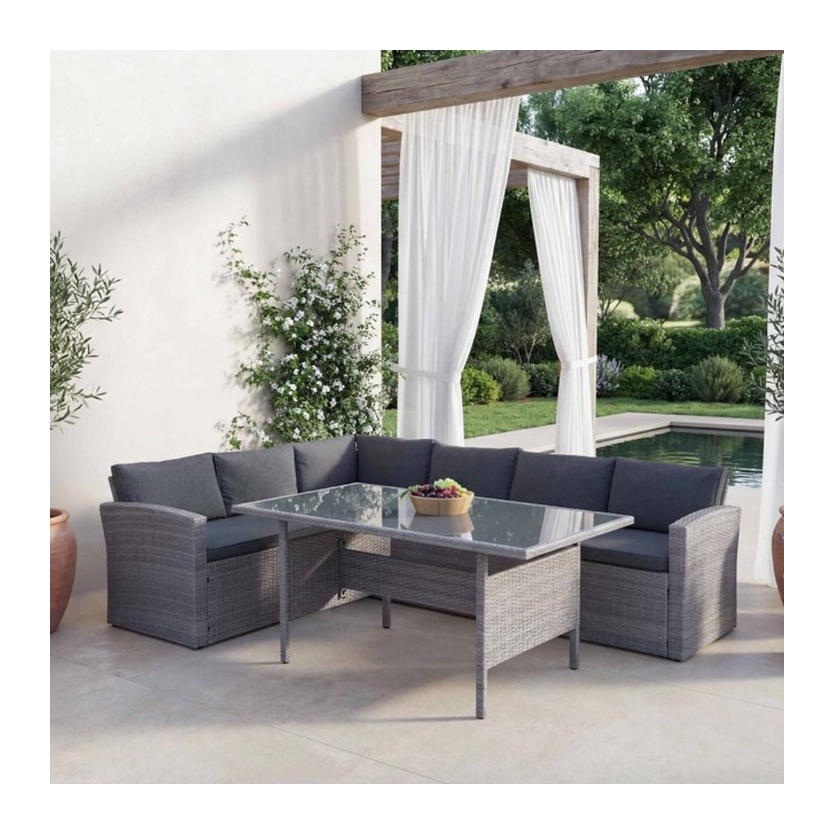 MCW Polyrattan Gartengarnitur Lounge-Esstisch-Set in Grau mit grauen Kissen - Bild 1